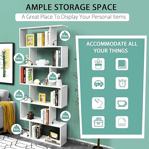 Miniatura 5 de Estantería de 6 niveles, estantería en forma de S con estantes de almacenamiento escalonados, estante de exhibición y divisor de habitación, Librero