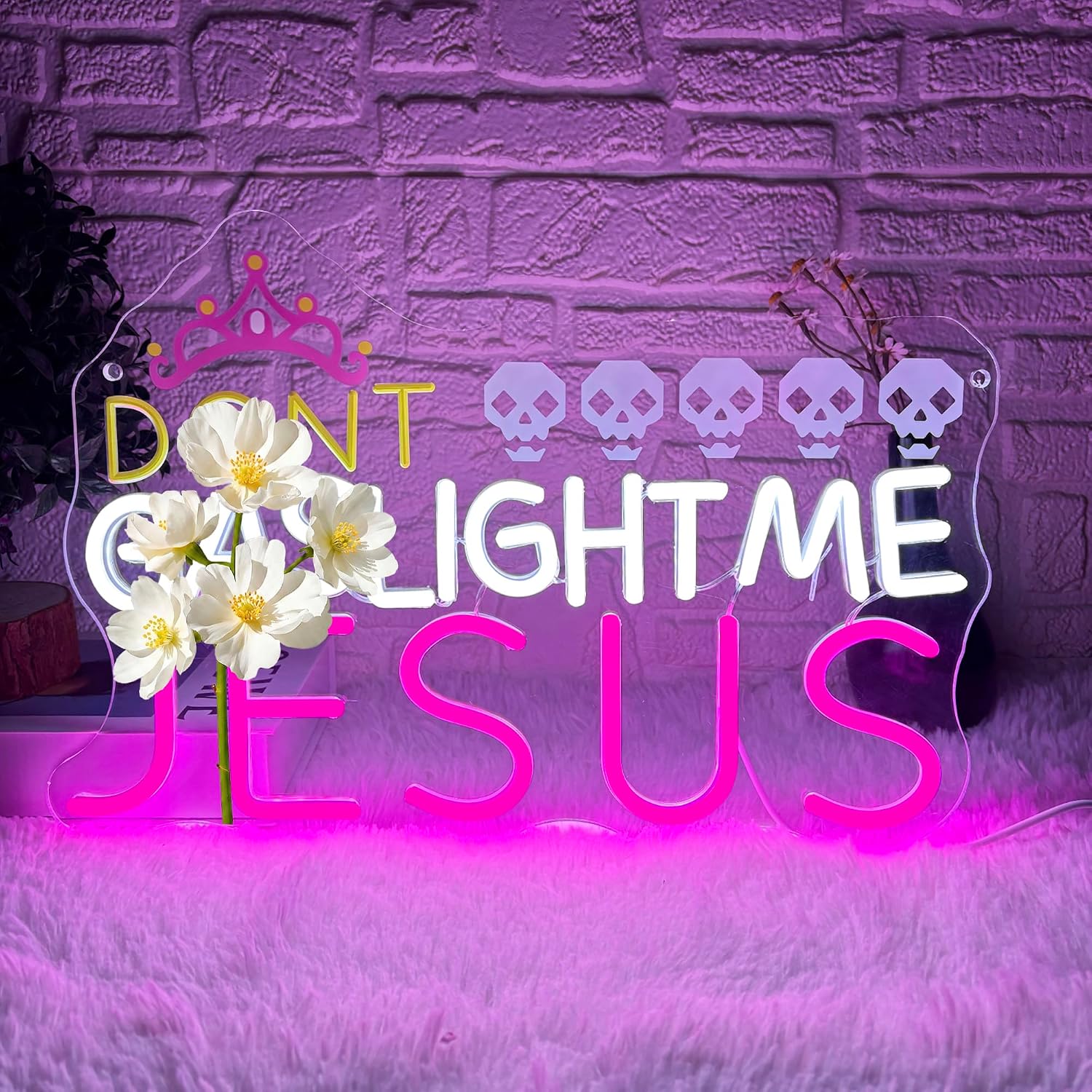 Dont Gaslight Me Jesus Neon Sign, Crown Skull Neon Light LED Princess Crown Decor Sign, for Game Room Bedroom Party Bar Living Room College Dorm, Birthday Gift(15.7 * 10.2 In)