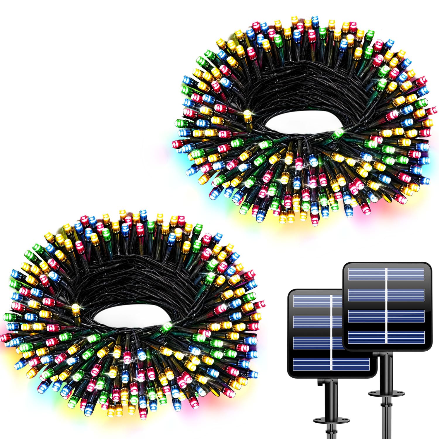 Solar String Lights Outdoor, 2 Pack 33FT 100 LEDs Solar Powered Rope Lights with 8 Lighting Modes, Waterproof Solar String Lights for Outside, Christmas, Holiday (Multicolor)
