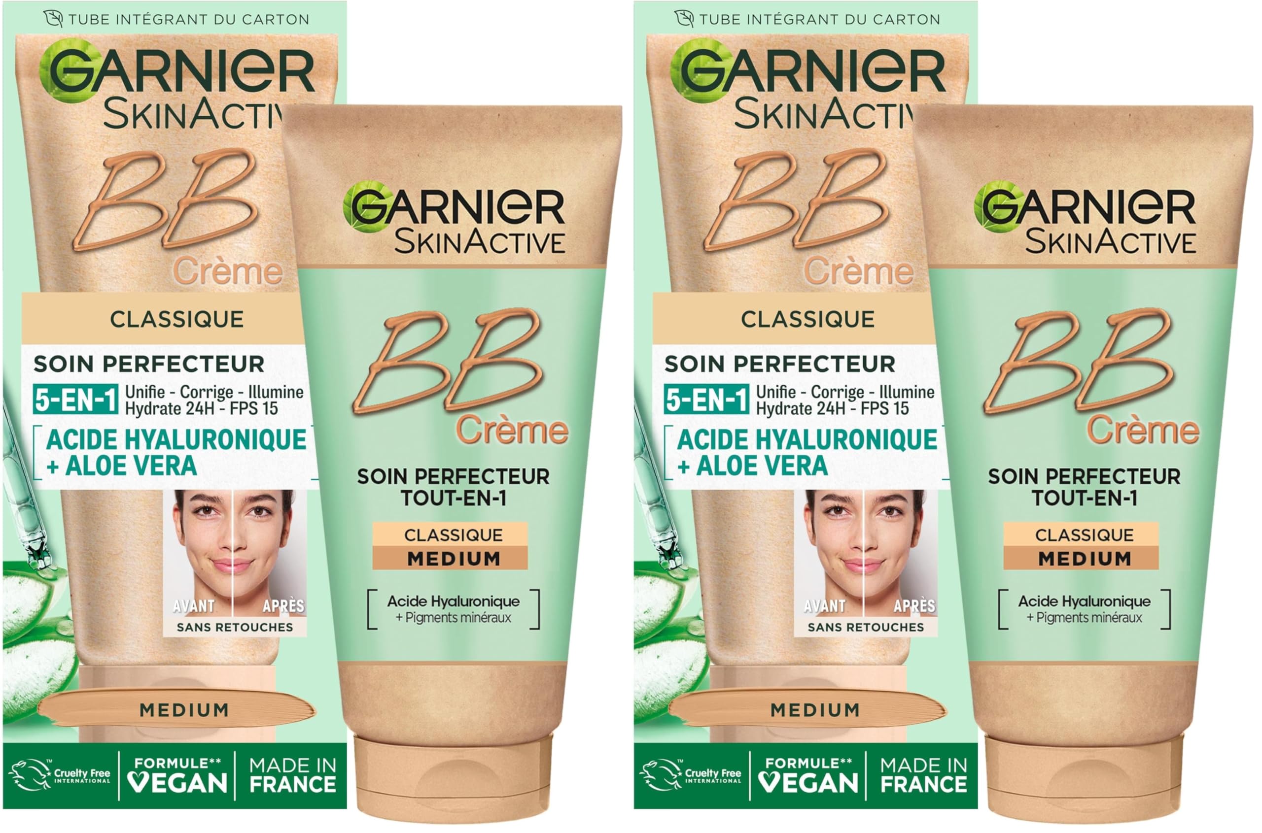 Garnier - BB Crème Classique - Soin Perfecteur Tout-en-1 Anti-Imperfections - FPS 15 - Enrichi en Acide Hyaluronique & Aloe Vera - Pour Tous Types de Peaux - Teinte : Medium - Skin Active - 50 ml