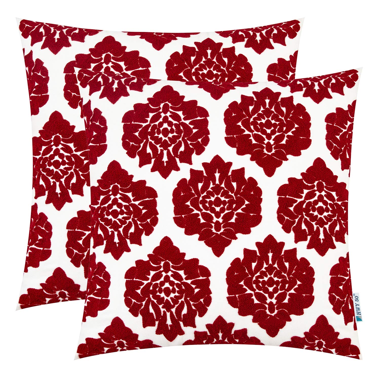 HWY 50 Decorative Throw Pillows Covers Burgundy Wine Red Embroidered Square Pillows Covers Cushion Cases Set for Couch Sofa Living Room Farmhouse Simple Geometric Floral 18 x 18 inch Pack of 2