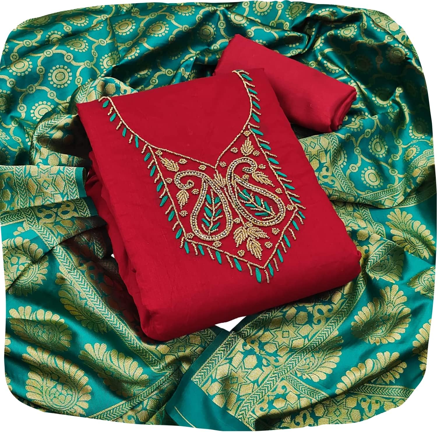 Ethnic JunctionWomen's Chanderi Cotton Embroidered Unstitched Salwar Suit Material With Banarasi Dupatta, Red & Green, Free Size