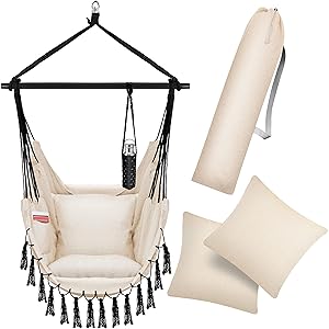 KESSER® Silla Colgante con 2 Cojines, portabebidas y Compartimento para Libros, Silla Colgante Safari XXL para Adultos y niños, Hamaca de hasta 150 kg, para Interior y Exterior, jardín, Beige