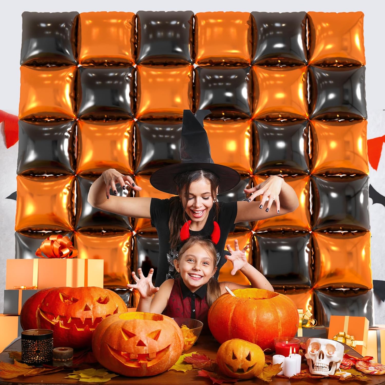 36pcs Black & Orange Square Foil Balloons Kit - Halloween Balloon Backdrop Wall Arch for Thanksgiving, Birthday, Graduation Party Decorations (Includes Straws & Ribbon)