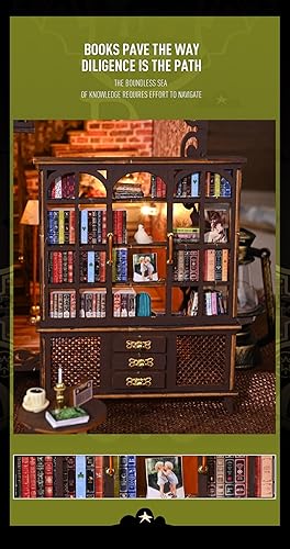 Miniatura 9 de Flever Kit en miniatura de rincón de libro para casa de muñecas, decoración de inserción de estantería, rompecabezas de madera 3D, sujetalibros