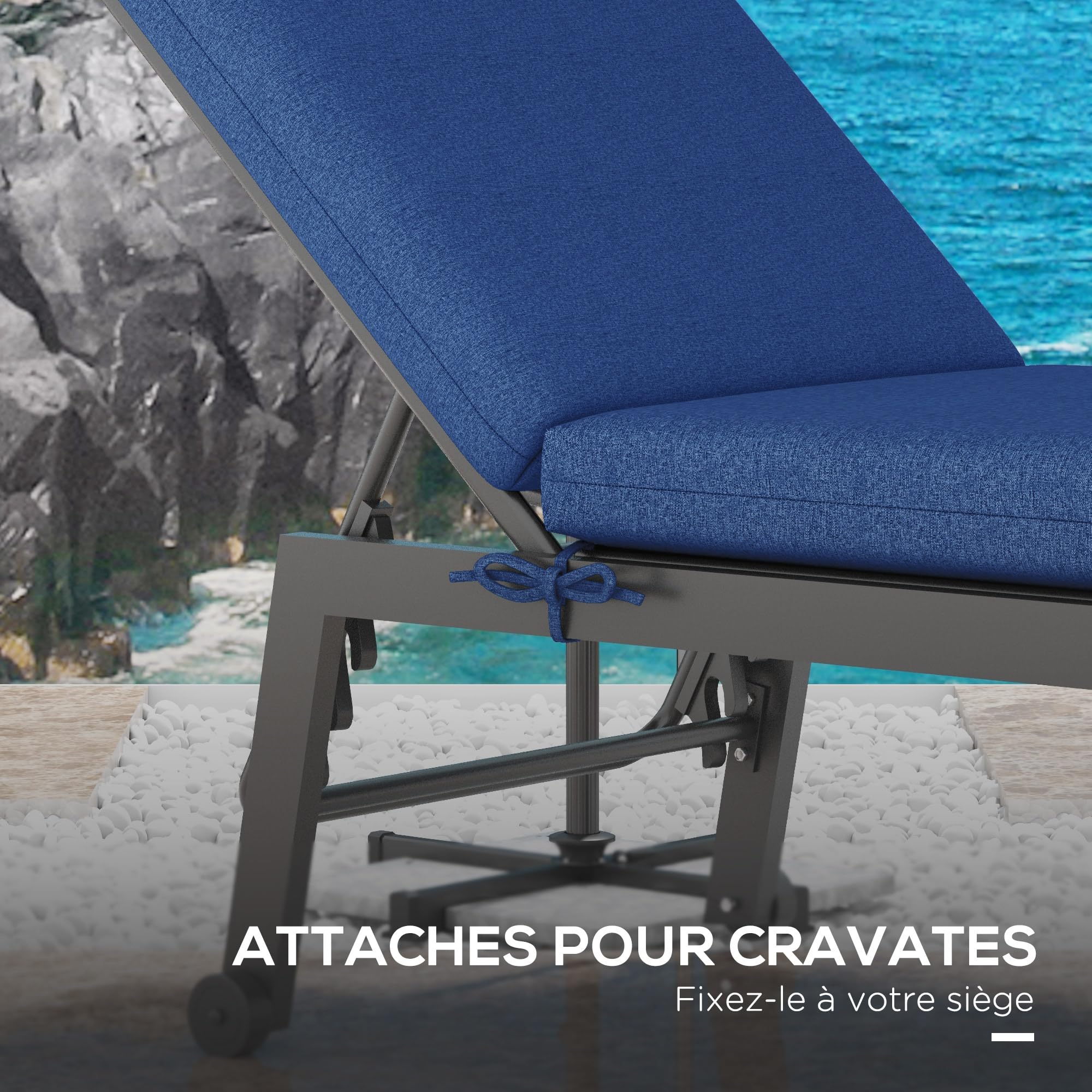 Outsunny Lot de 2 Matelas pour Chaise Longue transat Bain de Soleil avec Sangles d'attache pour Jardin dim. 190,5L x 58,4l x 7H cm Bleu