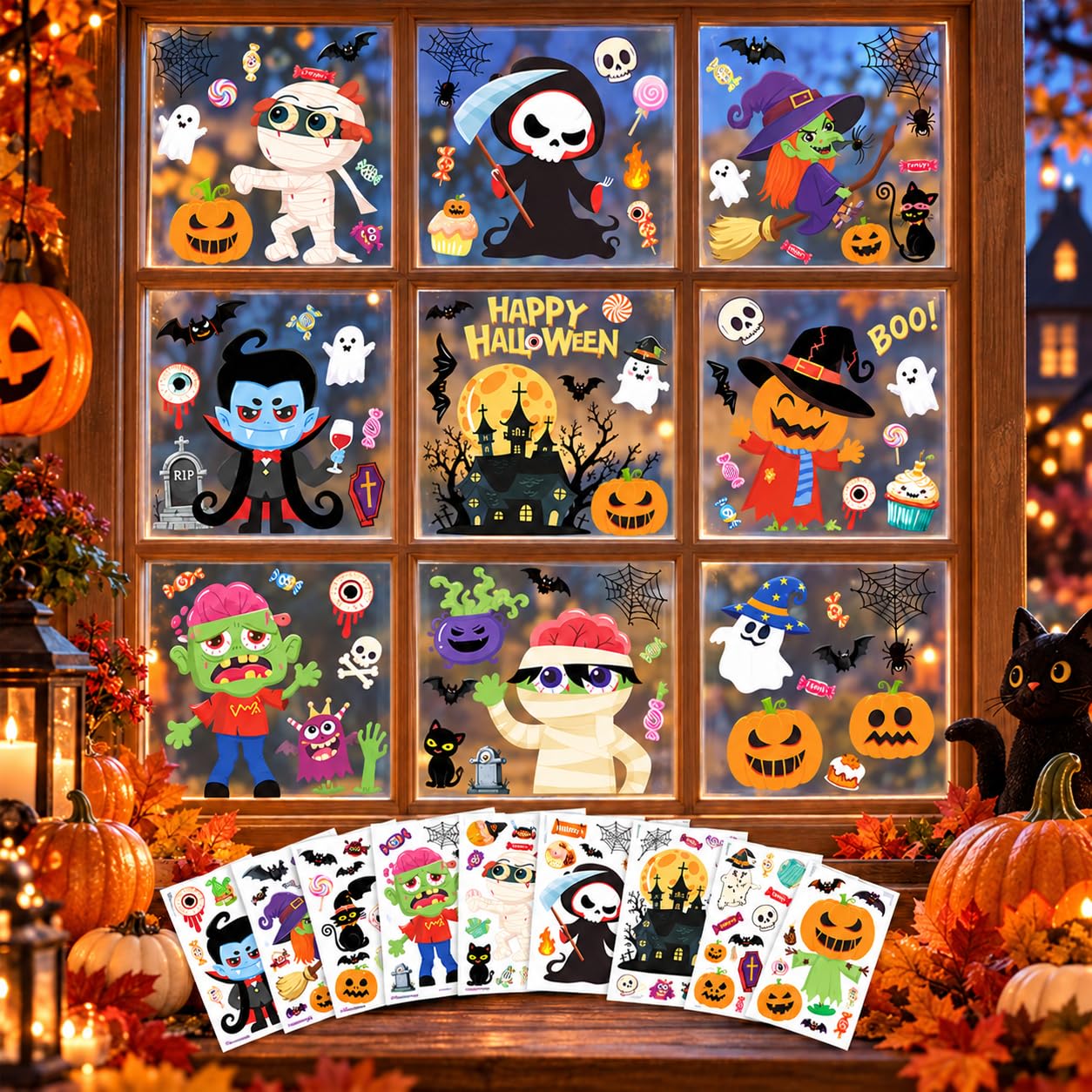 Halloween Window Stickers, 9 Sheets | Halloween Window Decorations Reusable Double-Sided Window Cling Sticker for Halloween Party Indoor