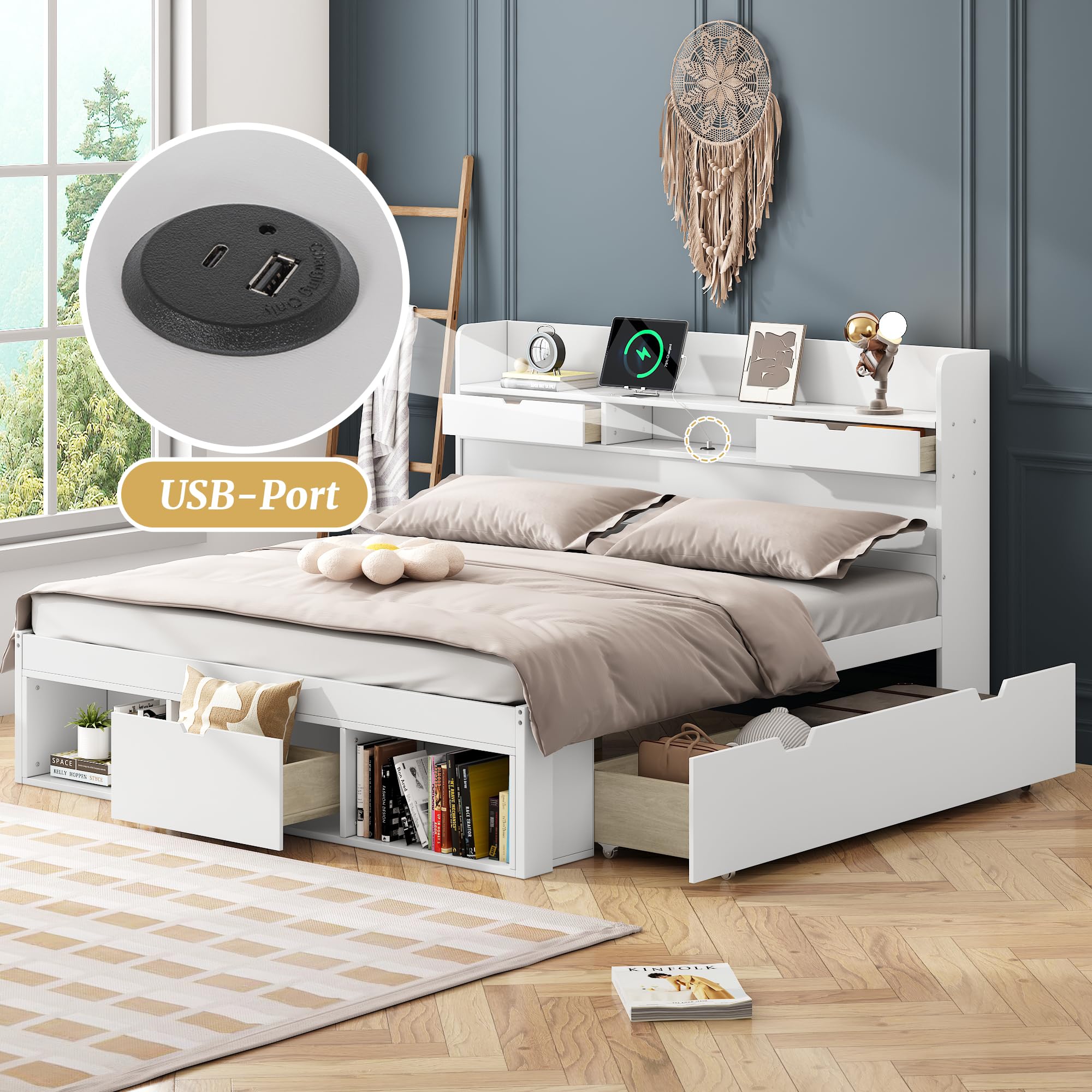 Rtopsu Rtopu Letto Matrimoniale in Legno 140x200 cm con Testiera USB, Letto con 3 Cassetti Contenitore e Portaoggetti, Struttura del Letto con Rete e Doghe, Bianco, Senza Materasso