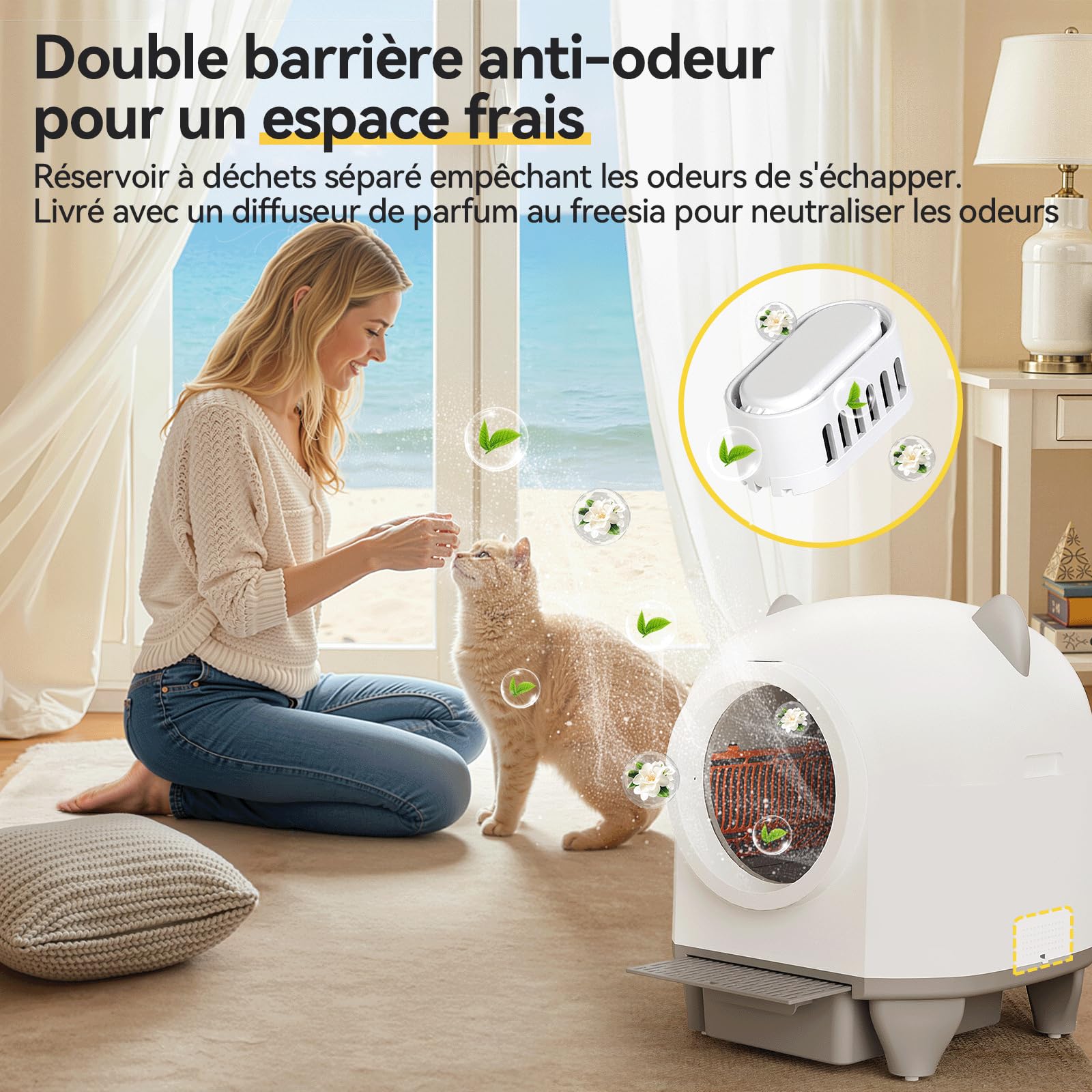 JUMMICO Bac à litière automatique autonettoyant 90L XXL, Contrôle intelligent par application, Système de sécurité anti-pincement, Surveillance de la santé, Double élimination des odeurs, Avec tapis à