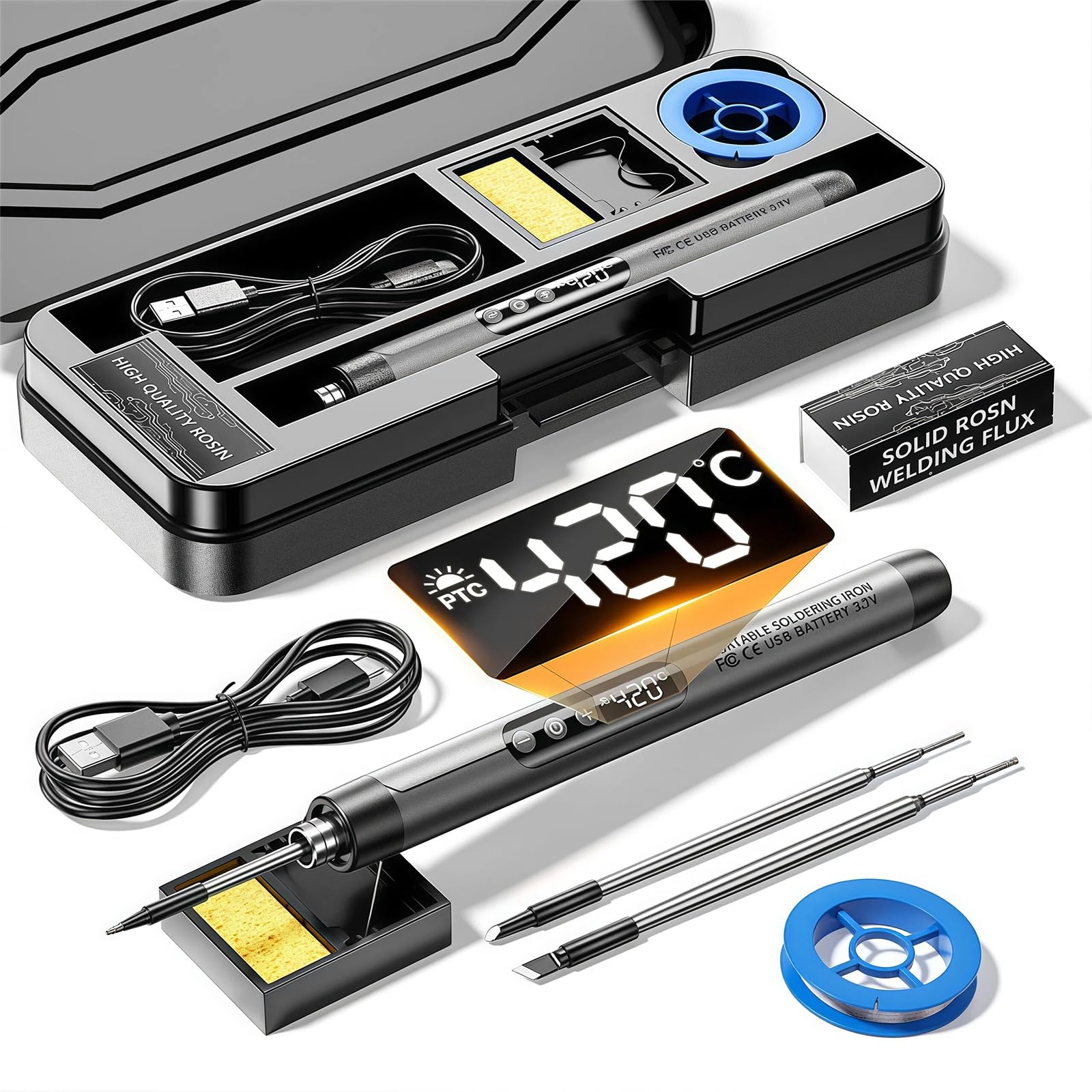 Cordless Soldering Iron Kit, USB-C Rechargeable Portable Soldering Pen with LED Adjustable Temperature 260℃–420℃, Fast Heating Electric Soldering Tool for Electronics Repair & DIY Projects