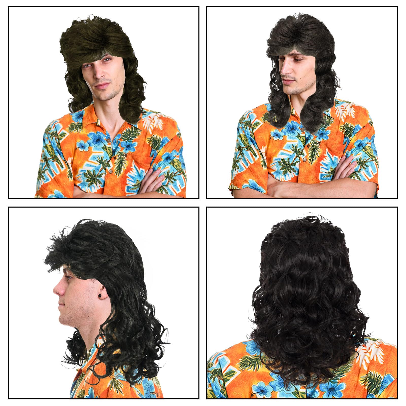 FOUNSHO Black Mullet Wig for Men Men's Long Curly Hair Wig 70s 80s 90s Funny Rocker Fancy Dress Accessories for Adult For Halloween Carnival Pop Rock Costumes Cosplay Party (Black) - Image 3