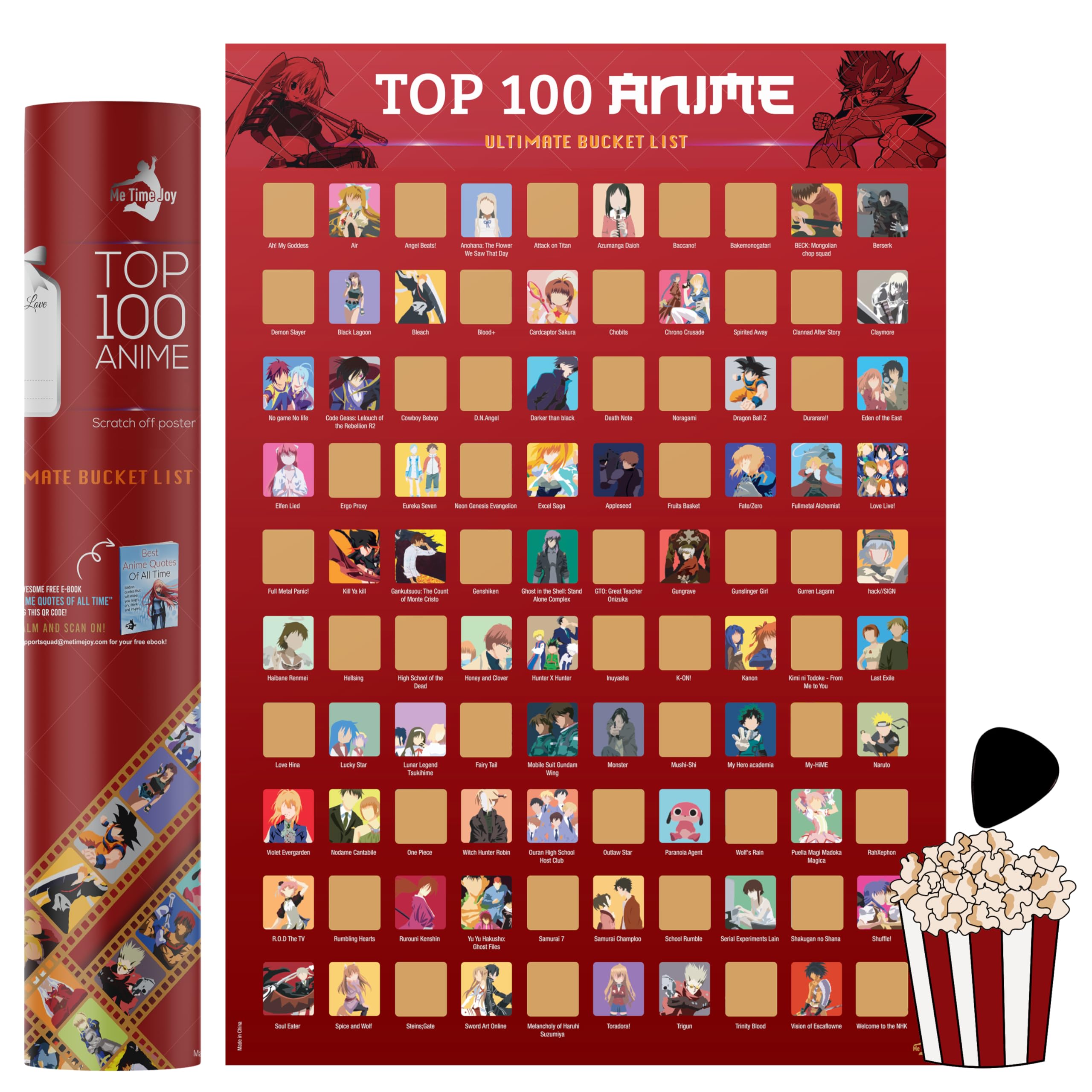Me Time Joy Top 100 Anime Scratch Off Poster With Scratching Tool and Ebook,100 Anime Bucket List Series