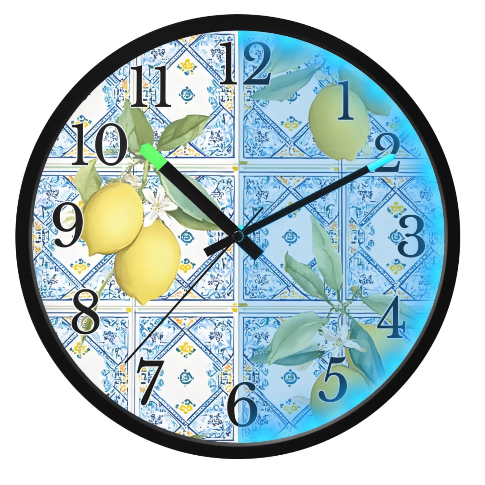 Horloge murale lumineuse à carreaux bleu et citron de 30,5 cm