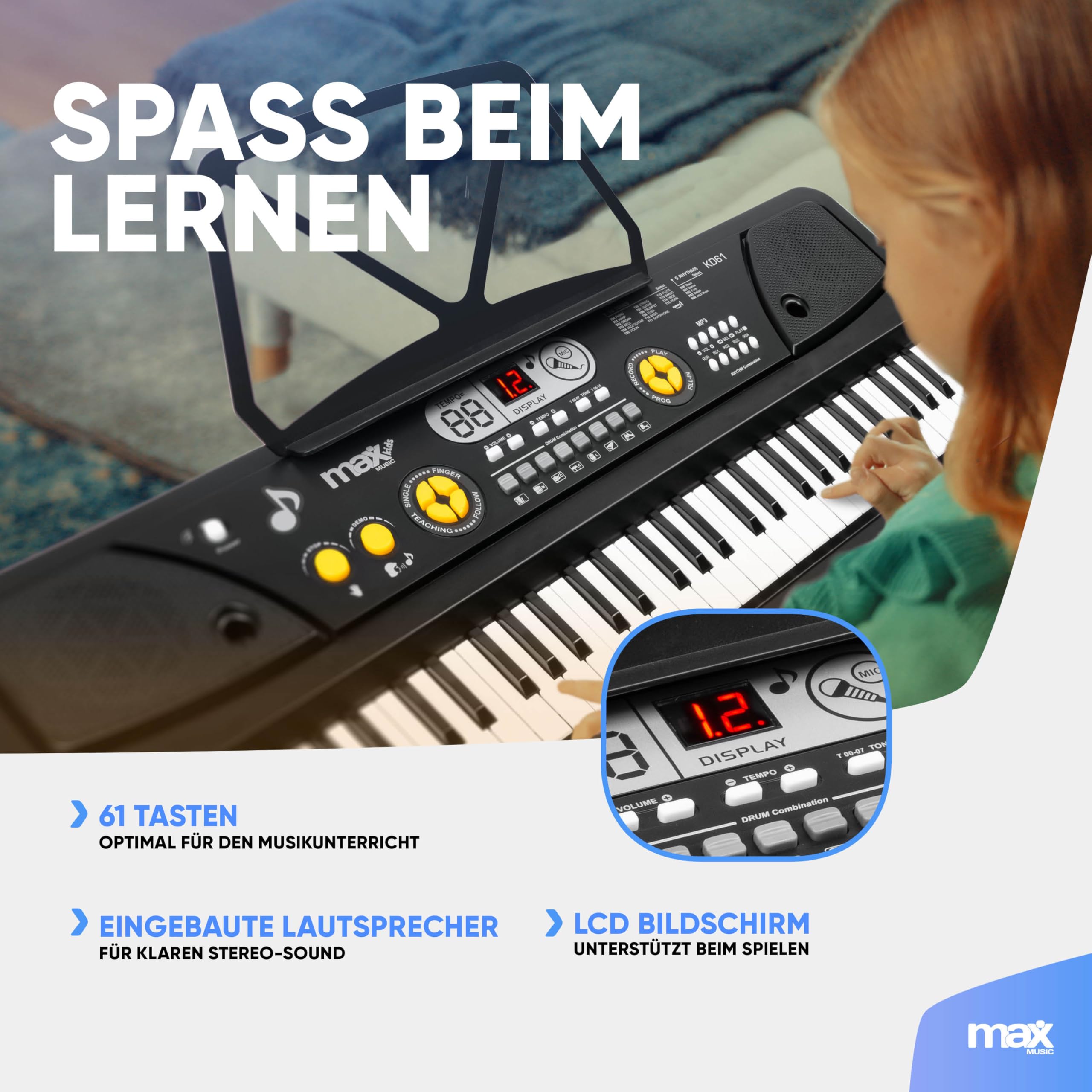 MAX KD61 Elektronische Tastatur für Kinder, 61 Tasten, mit Akku, Mikrofon, LED-Display, Aufnahme, Rhythmen, Akkorde und Lernfunktionen für Anfänger ab 5 Jahren – Schwarz