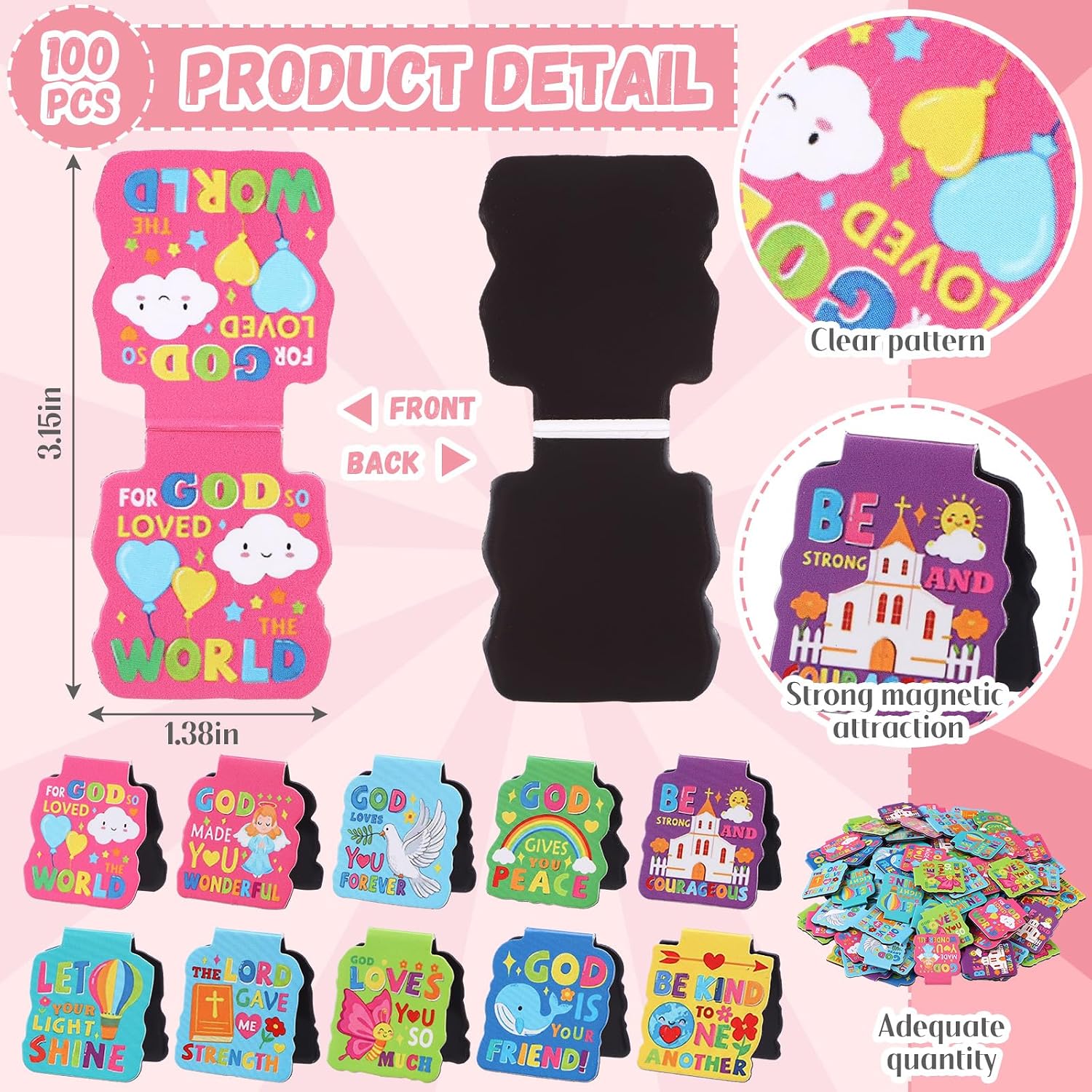 Resurhang 100 Pcs Bible Verses Magnetic Book Marks for Kids Motivational Magnet Religious Bookmark in 10 Designs 1.38 Inches Back to School Gifts for Teachers Students and Books Lover Gifts image 2