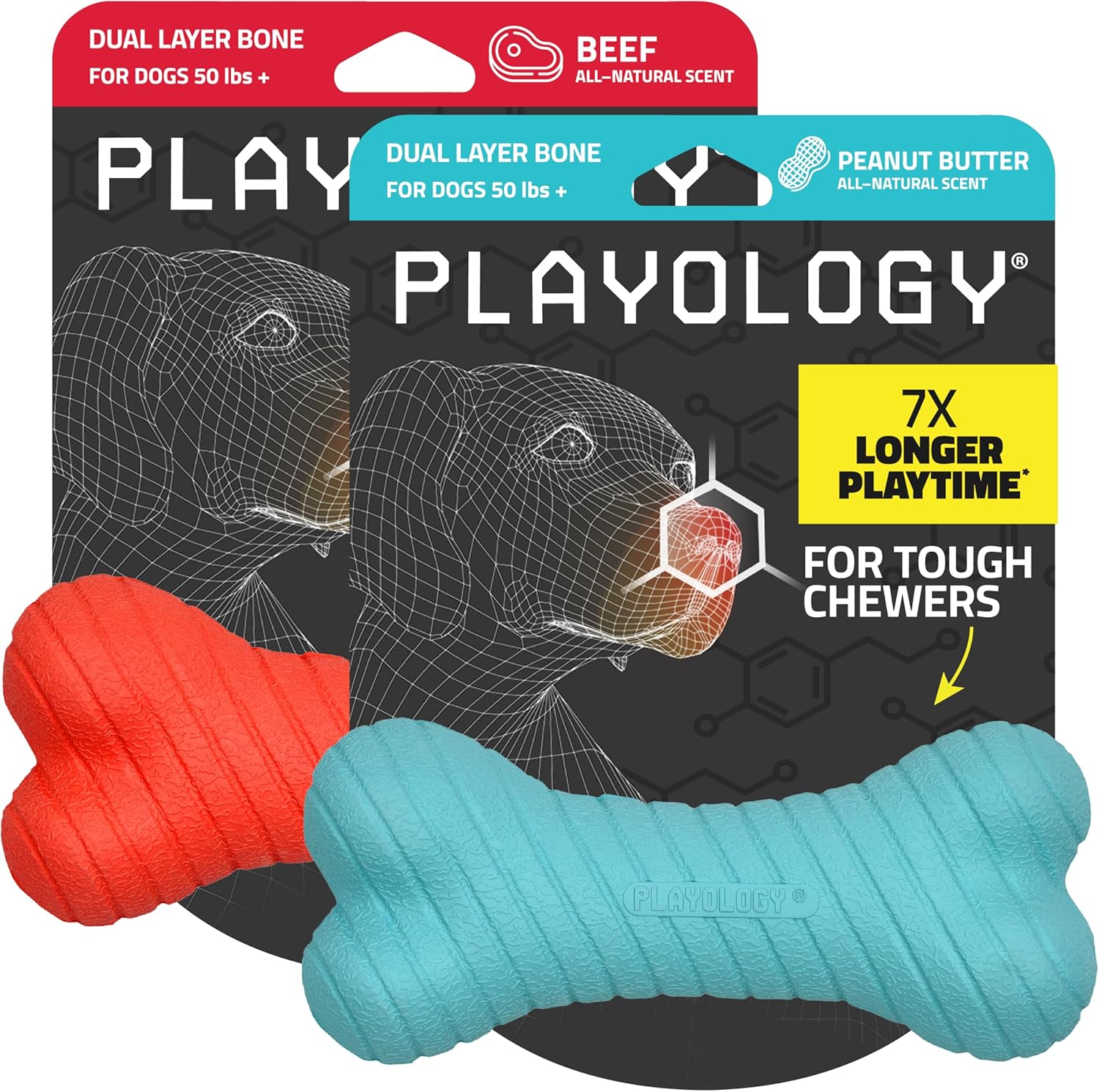 Playology Dual Layer Bone X-Large Chew Toy, Peanut Butter & Beef, 2-Pack