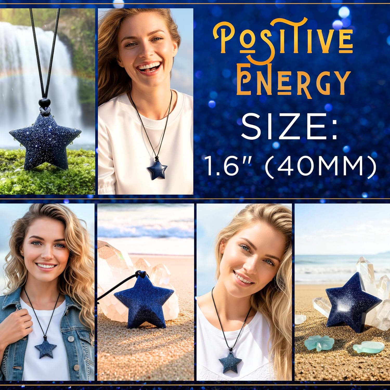 Magic Human Blue Goldstone Shooting Star Necklace - Affirmation Sacral Chakra Amulet - 40mm (1.6") - Image 3