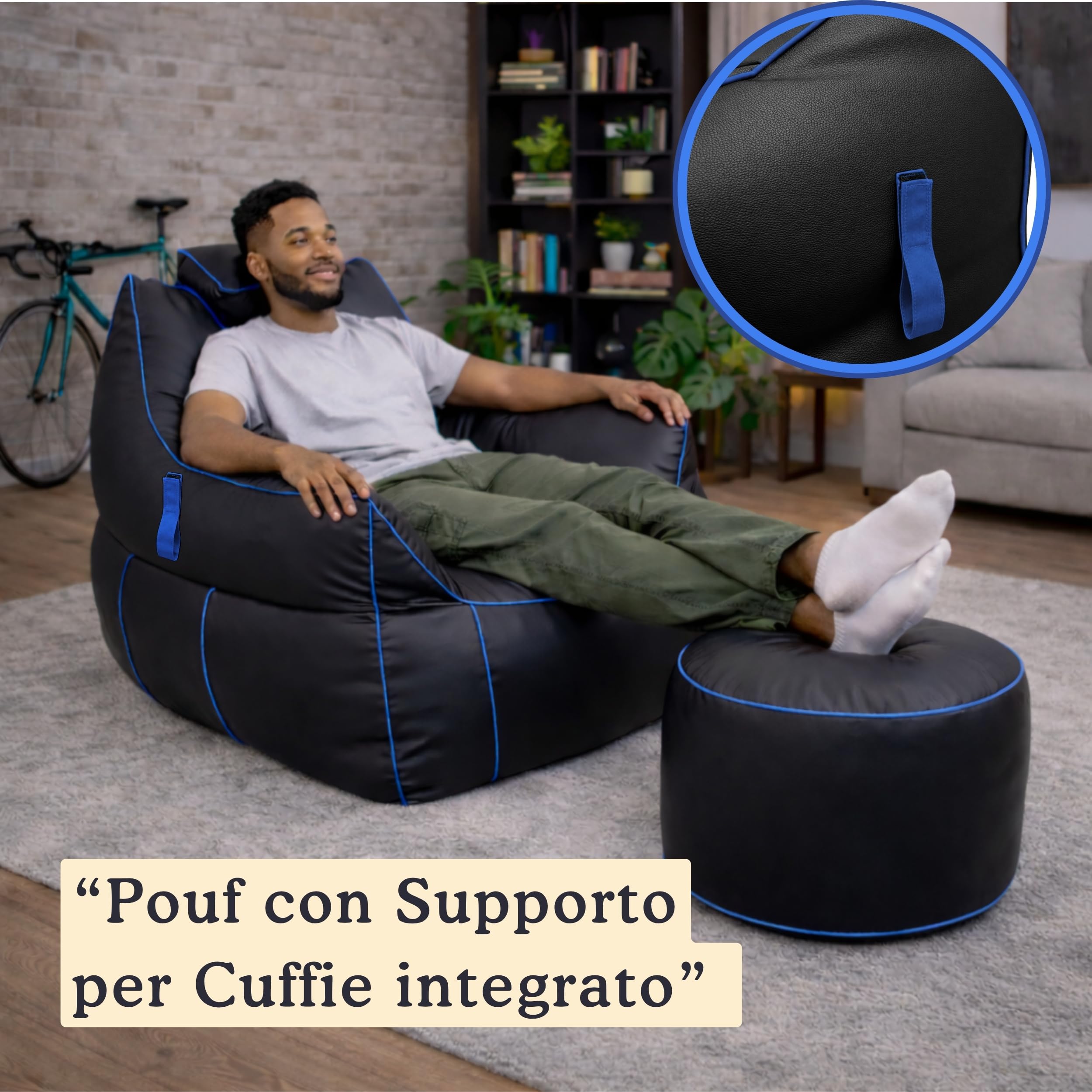 bananair - Set Pouf Poltrona Gaming XXL + Pouf rotondo - Comfort per relax e gaming - Poggiatesta regolabile, 2 tasche - Per divano, soggiorno e postazione gaming (110×100×90 cm, Blu)