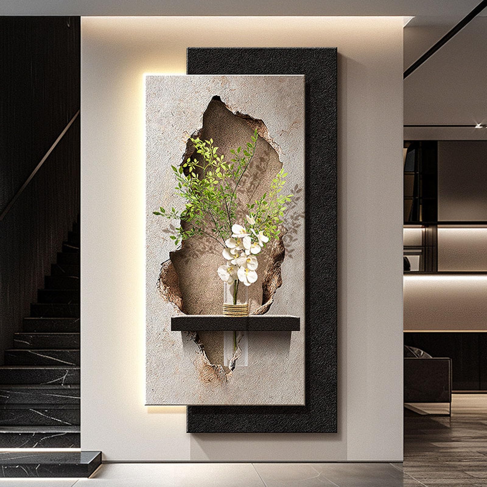 Dekoracja ścienna z piaskowca, obraz artystyczny z oświetleniem LED, abstrakcyjna 3D-wizja, podświetlany mural w kształcie płaskorzeźby, wisząca na ścianie rzeźba z wazonem i sztucznymi rośl