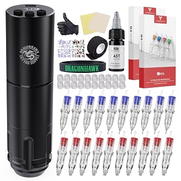 Dragonhawk A1 Beginner Tattoo Kit, Cordless Complete Pro Tattoo Gun Pen Machine Kit, Cartridges Tattoo Machine Needles