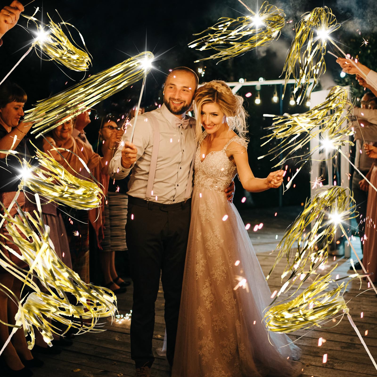 Drixbor - 100 varitas de boda iluminadas, serpentinas de oropel LED para envío de bodas y entrada grande, recuerdos de fiesta para bodas, cumpleaños, Navidad (dorado)
