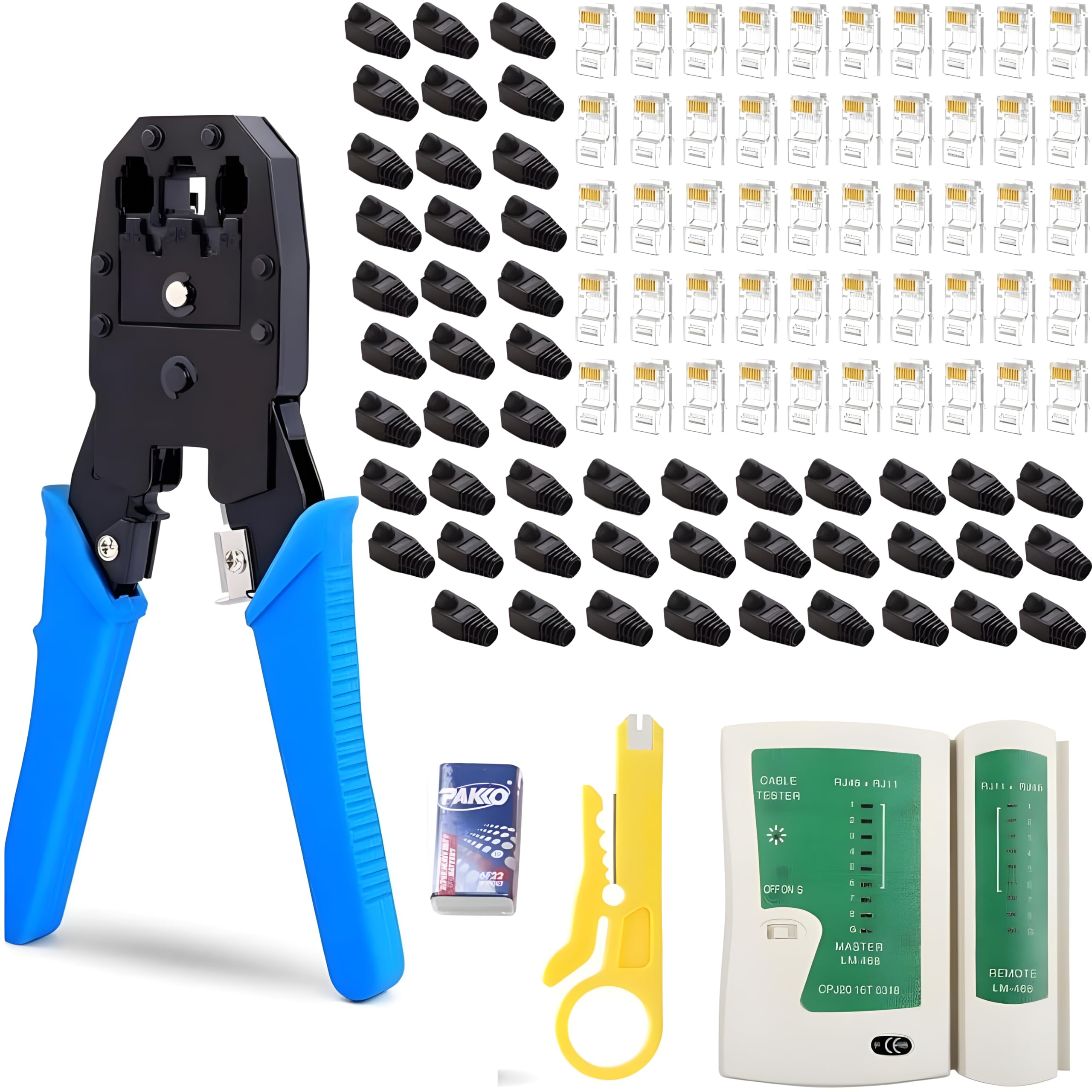 COOLCOLD Tools Kit, Crimp Crimping Tool with 50pcs RJ45 Connectors, 50pcs strain relief boots, 1 Network Cable Tester(Lan Tester), 1 Cable Cutter, 1 Battery (RJ45 Tool Kit) (B0CM61F2V1) Amazon Price History, Amazon Price Tracker