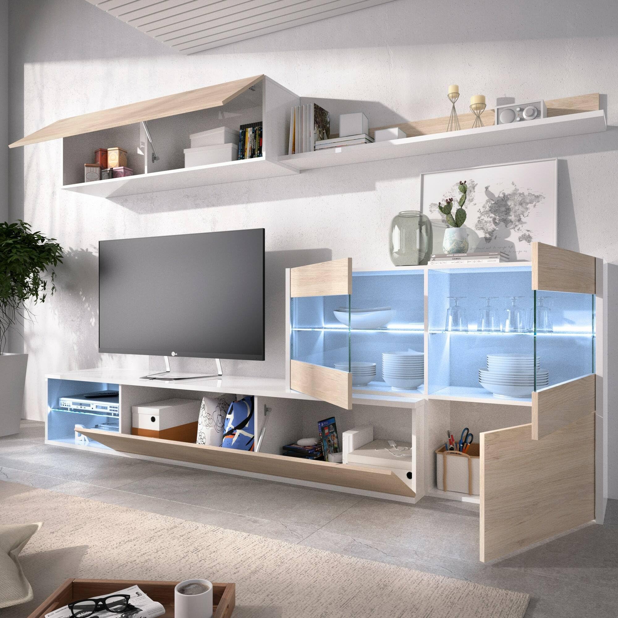 Dmora Parete Attrezzata Adams 41x260x180h cm Marrone Rovere 9 Ripiani Modulabile, Apertura Battente e a Ribalta