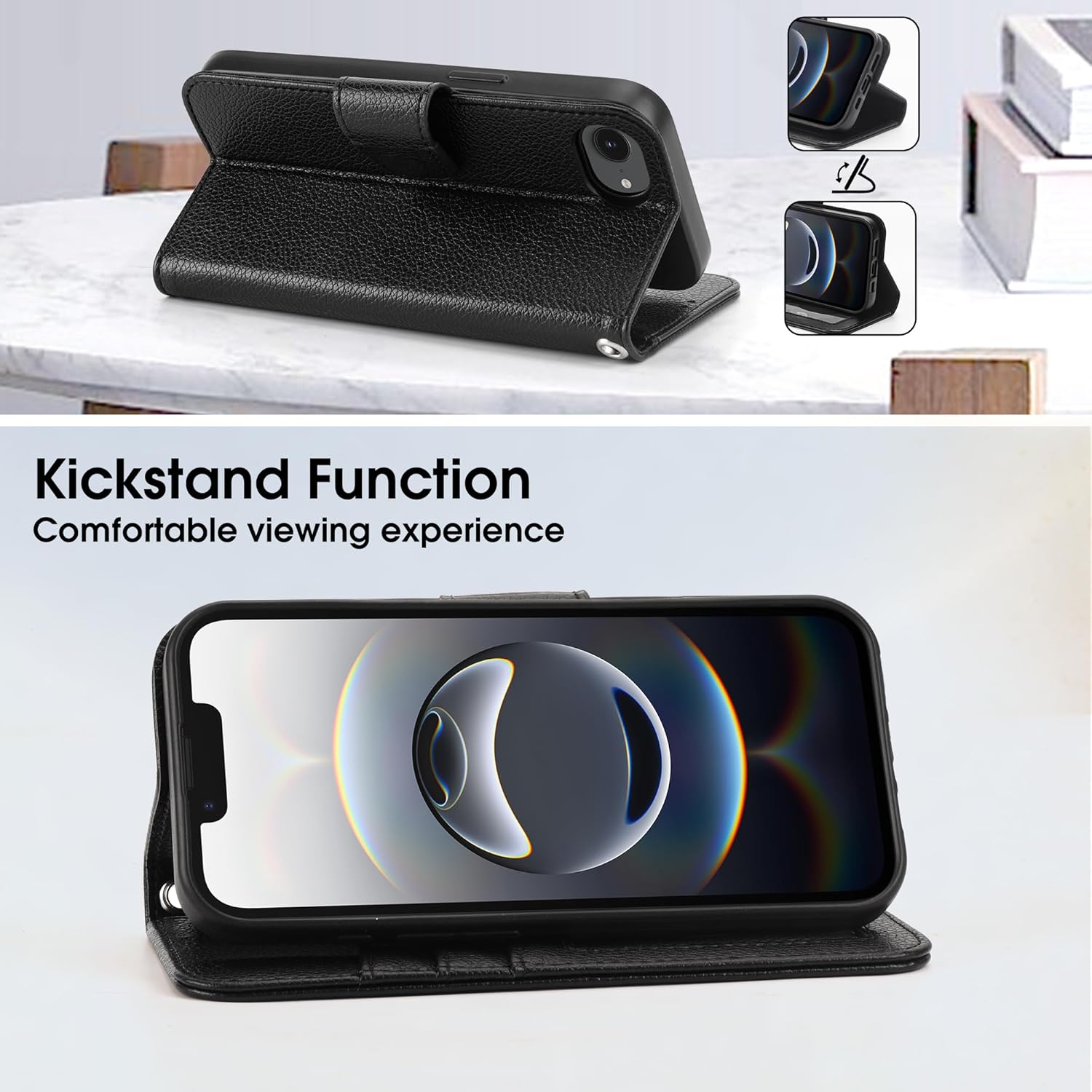 Arae Compatible with iPhone 16e Case Wallet with Card Holder,Wristlet Strap Wallet Flip Cover for iPhone 16e 6.1 inch Men/Women, RFID Blocking, Kickstand, Litchi Black - Image 6