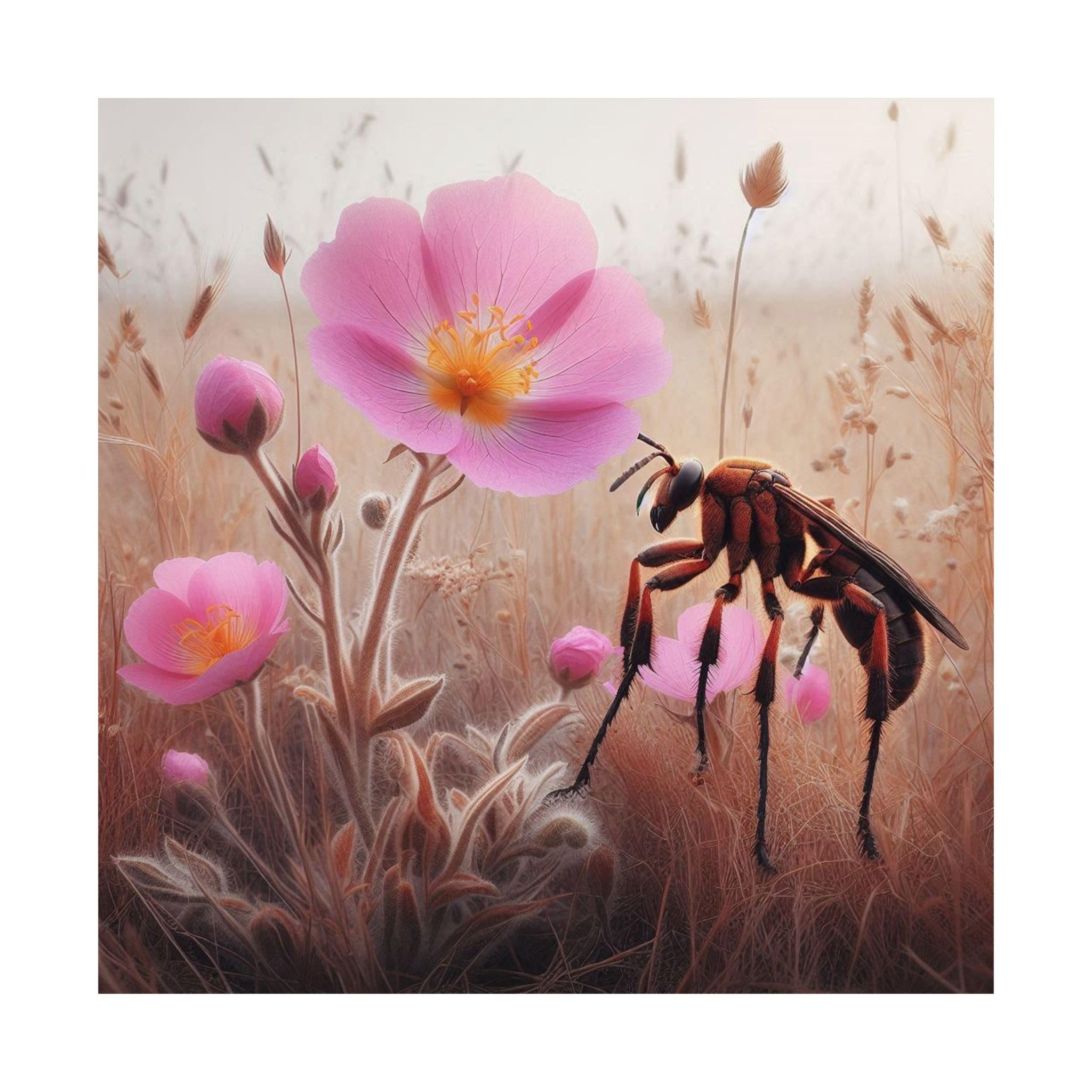 Pink Evening Primrose and Tarantula Hawk Wasp Matte Poster 18x18 Inch Made in USA