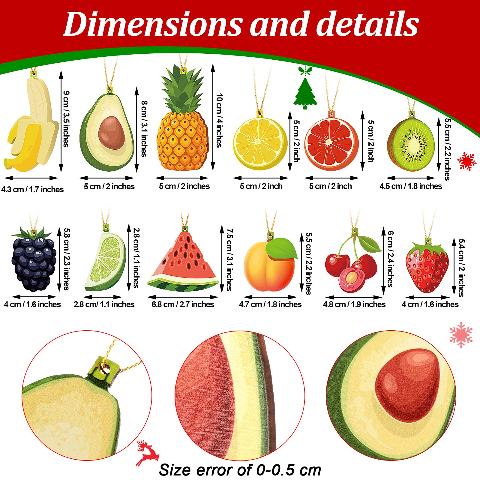 Décorations en bois à suspendre pour sapin de Noël - Ornements en bois pour fruits et légumes - Décoration en tranches pour arbre de Noël, couronne de cheminée (style fruits, 24 pièces)