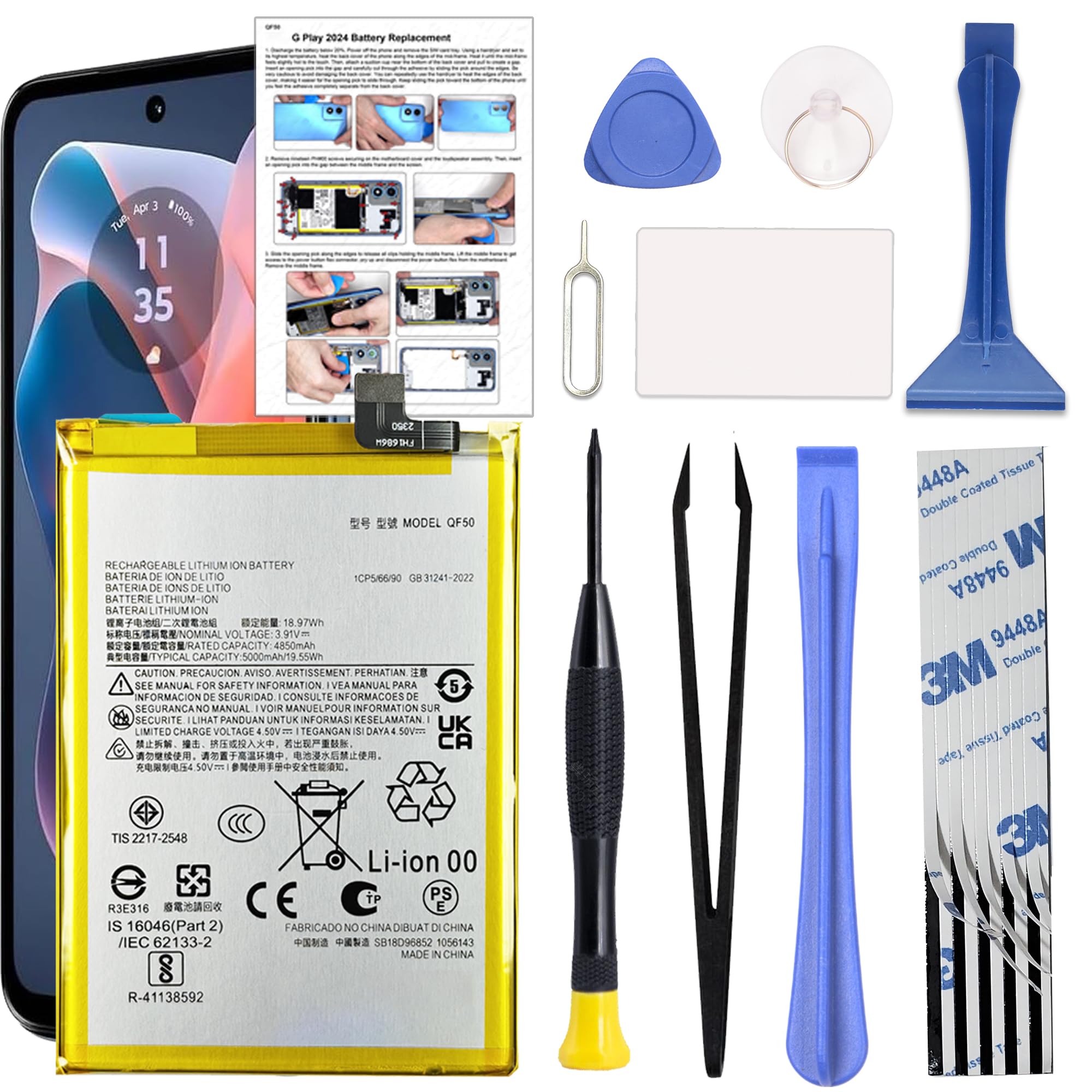 GREEN FUSION New Replacement Battery QF50 Compatible with Motorola G Play 2024 XT2413 Series, with Toolkit &amp; Repair Guide