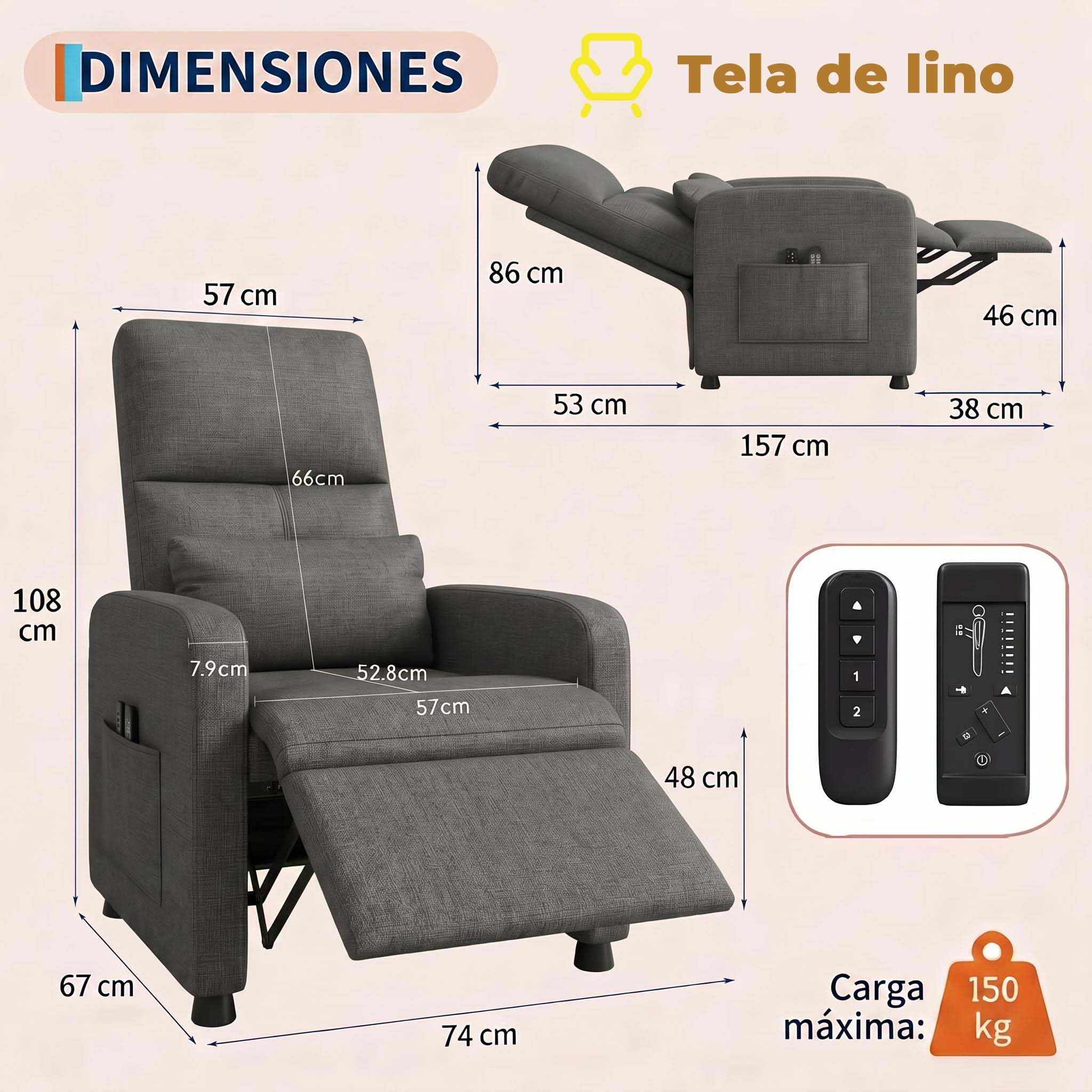 Litake Sillón Eléctrico Reclinable con Masaje y Calefacción, Sillón Relax con 4 Puntos de Masaje y Calor, Tapizado de Lino, Estructura de Hierro, para Sala de Estar, Puerto USB, Marrón