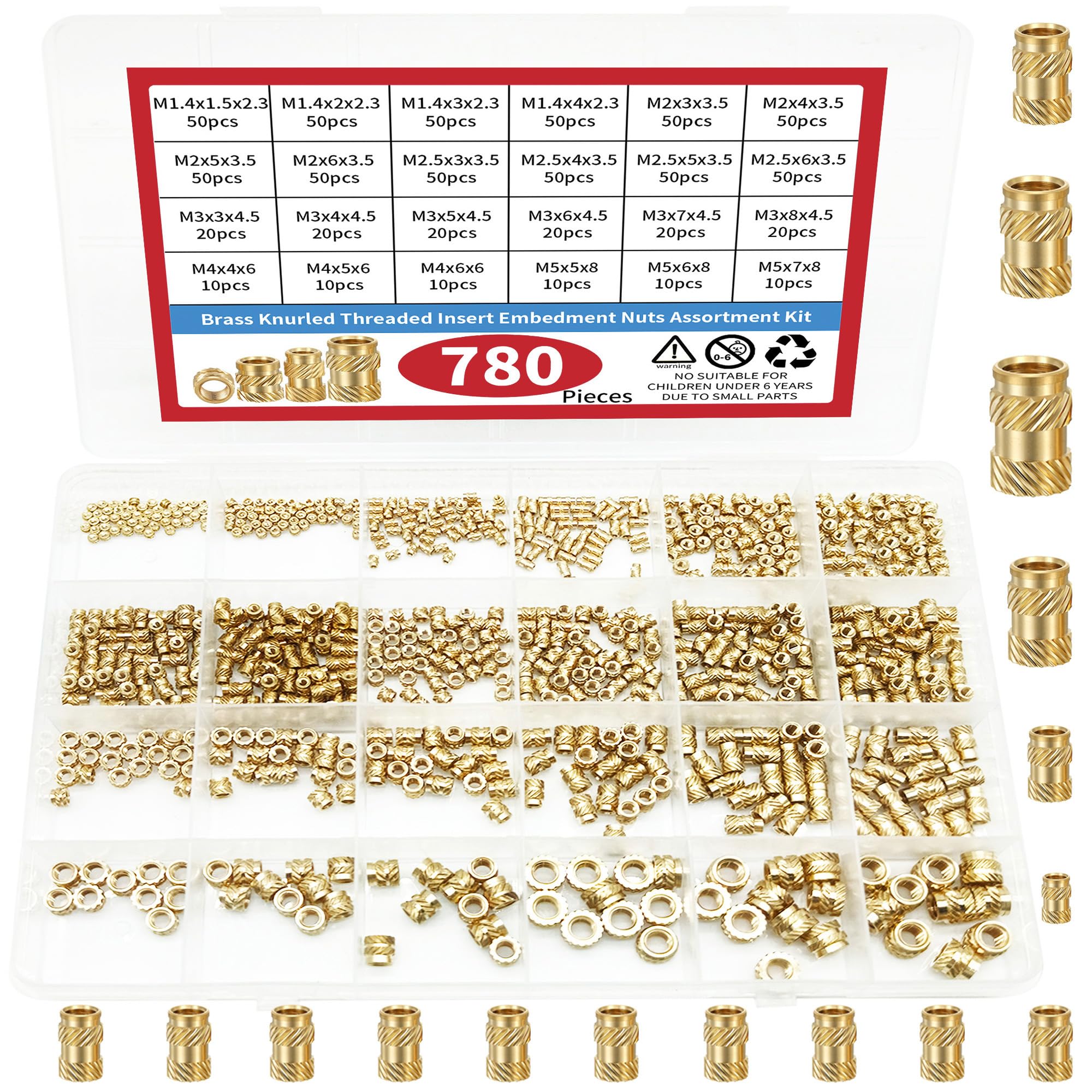 780Pcs Female Thread Knurled Nuts Brass Threaded Insert Embedment Nuts Hydraulic Welded Joint Injection Molding Assortment Kit Perfect for 3D Printing Injection Molding 6 Values M1.4 M2 M2.5 M3 M4 M5
