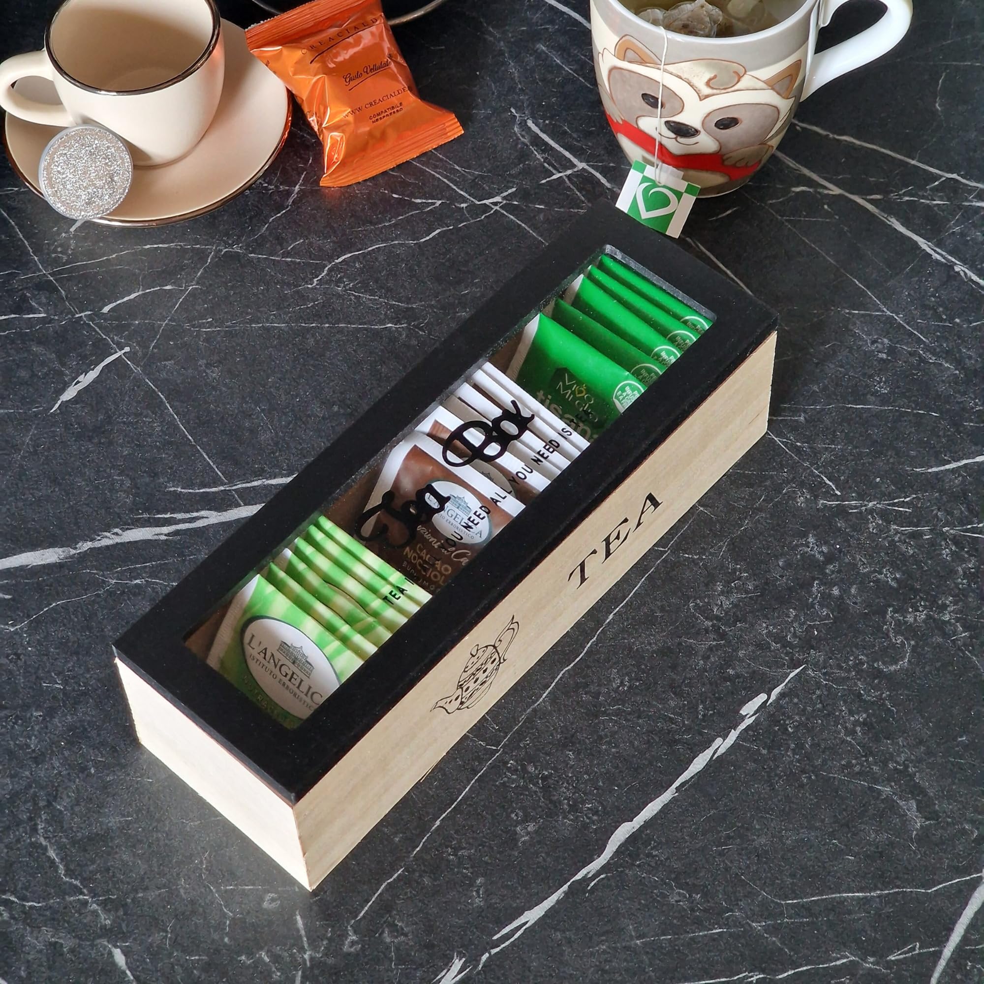 Scatola Porta Tè In Legno Con 4 Scomparti - Organizer Da Tavolo Nero Per Bustine, Cialde E Caffè - Decorativo E Funzionale 28x13.5x13 Cm - 3