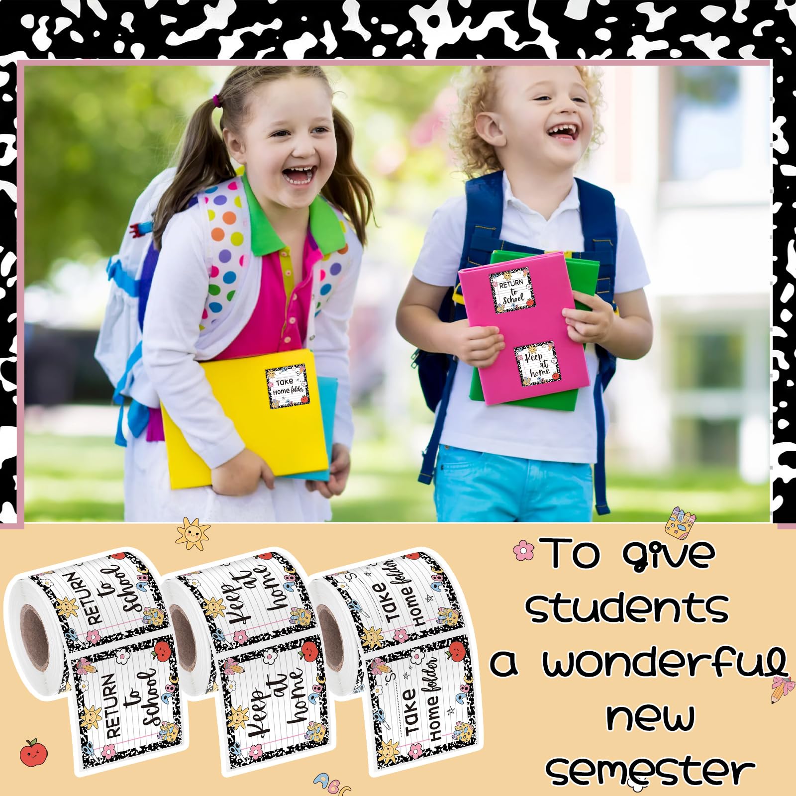Etichette adesive per quaderni, compiti e cartelle per studenti, ritorno a scuola, Keep at Home, 5,1 x 5,1 cm, etichette adesive termiche stampate per aule e casa (3 rotoli, freschi)