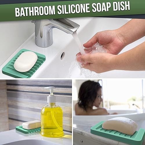 Miniatura 7 de ZAPPOWARE - Juego de 2 jaboneras de silicona con drenaje, soporte para jabón en barra (verde claro) para ducha y lavabo de baño, bandeja