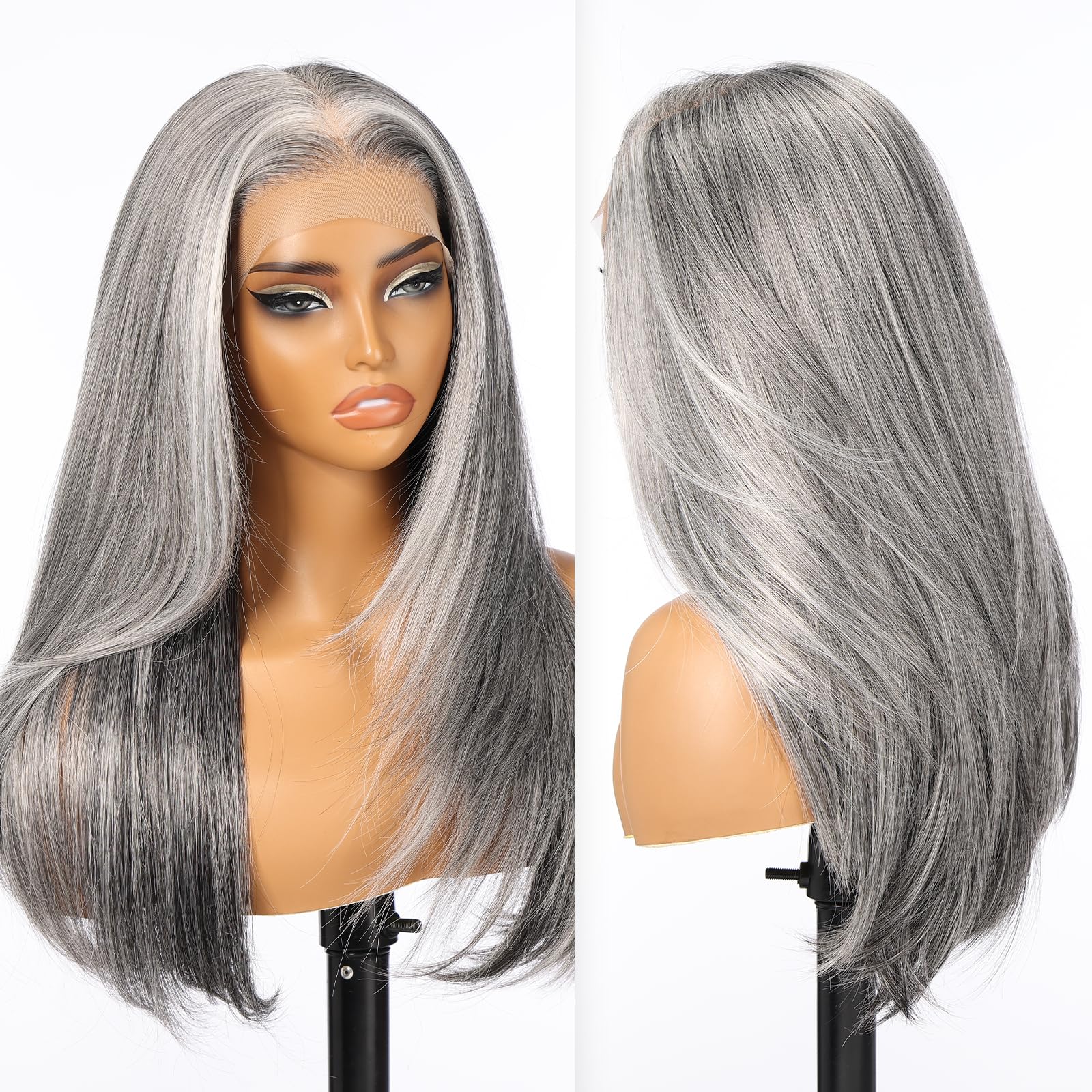 - Grey Mixed Synthetic Lace Front Wig, 13X6 Long Straight Layered Glueless Wigs for Women Daily Use 22IN(#2/606HL)