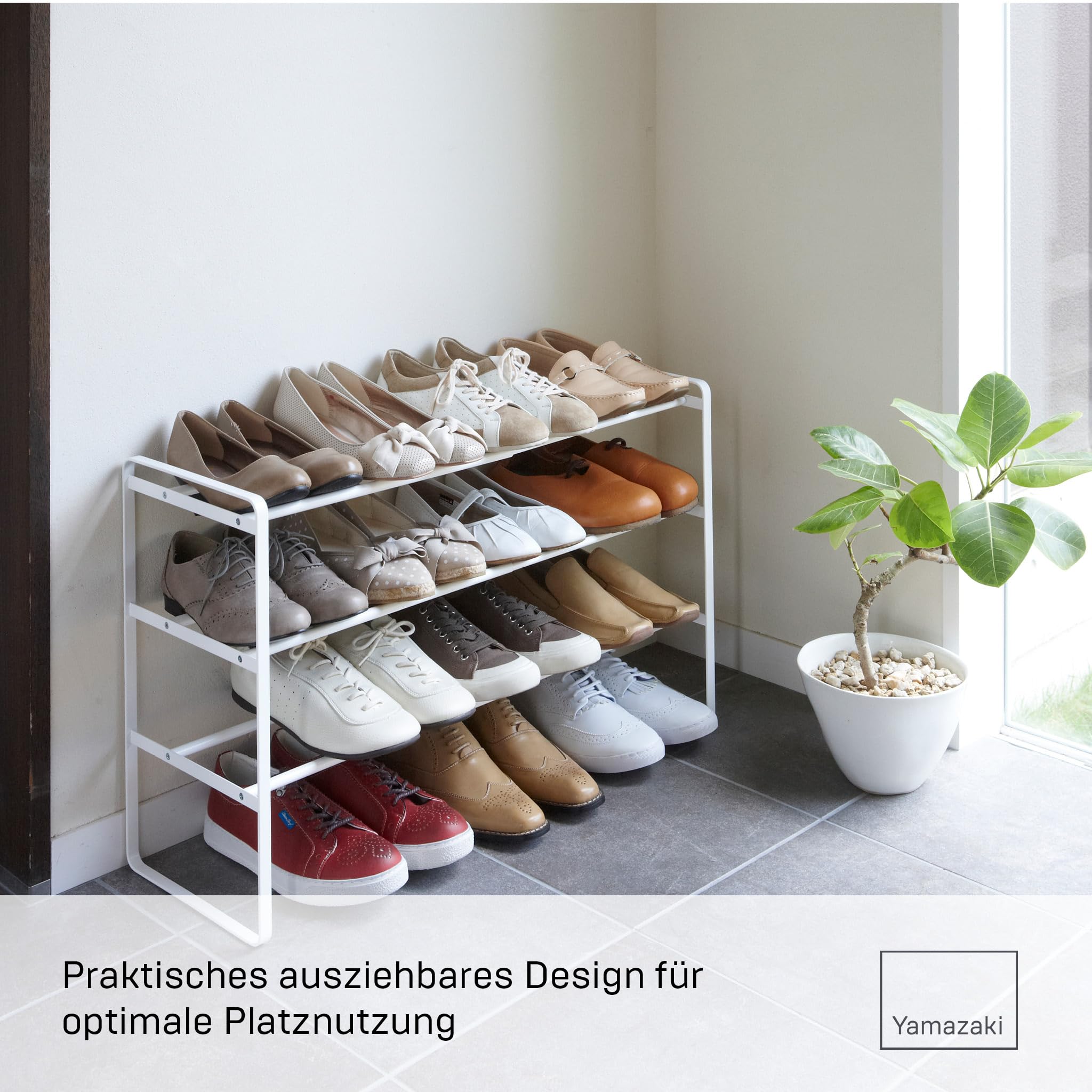 Yamazaki 7555 FRAME 3-stöckiges ausziehbares Schuhregal, White, Stahl, Minimalistisch, 41～70 x 25 x 46 cm