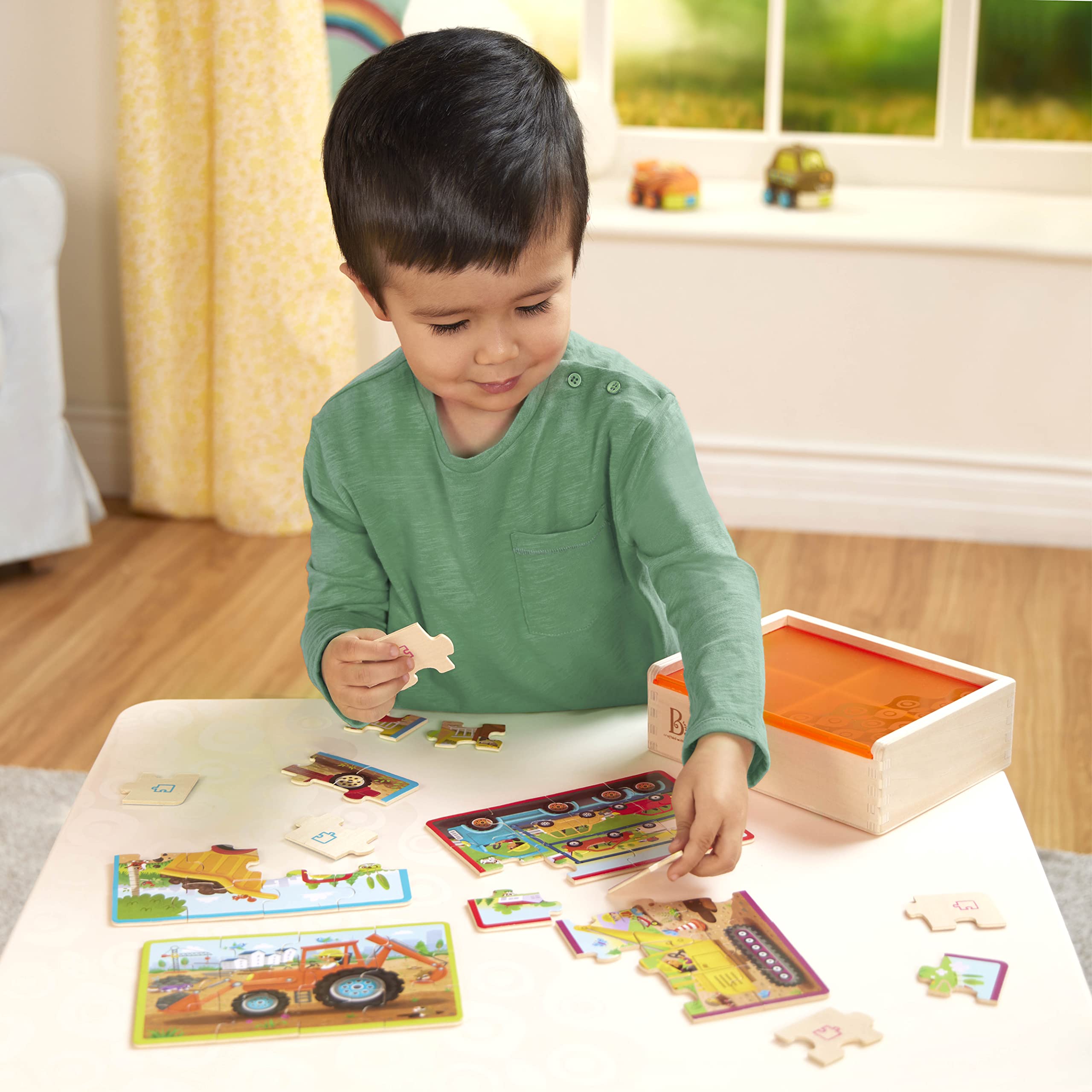 B. toys Drewniany zestaw puzzli – bagażnik samochodowy, ładowarka, koparka, wywrotka – 12 sztuk puzzli dla dzieci – od 3 lat – opakowanie puzzli – ciężarówki