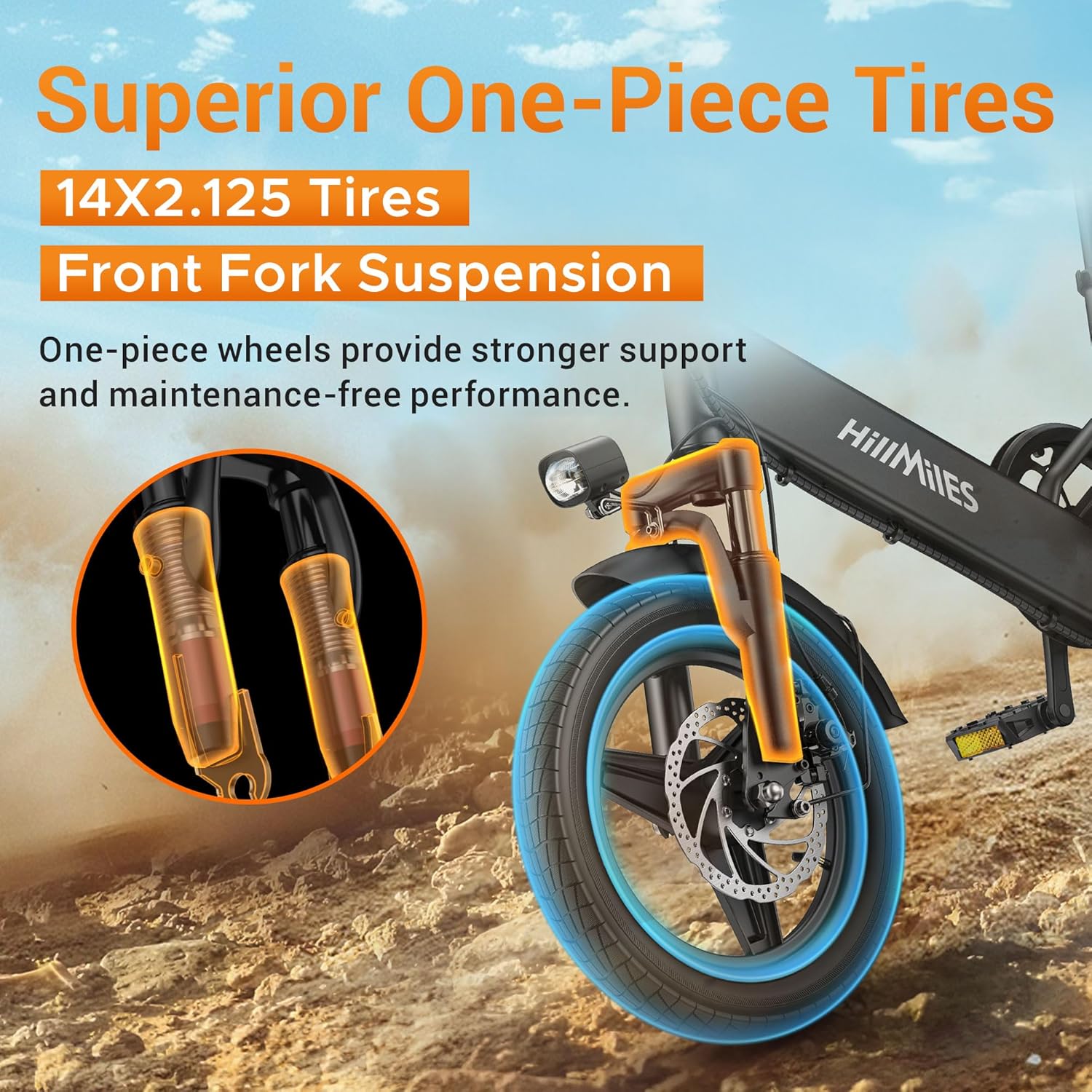 HillMiles Mile 1 Electric Bicycle with 14x2.125 inch tires and front fork suspension