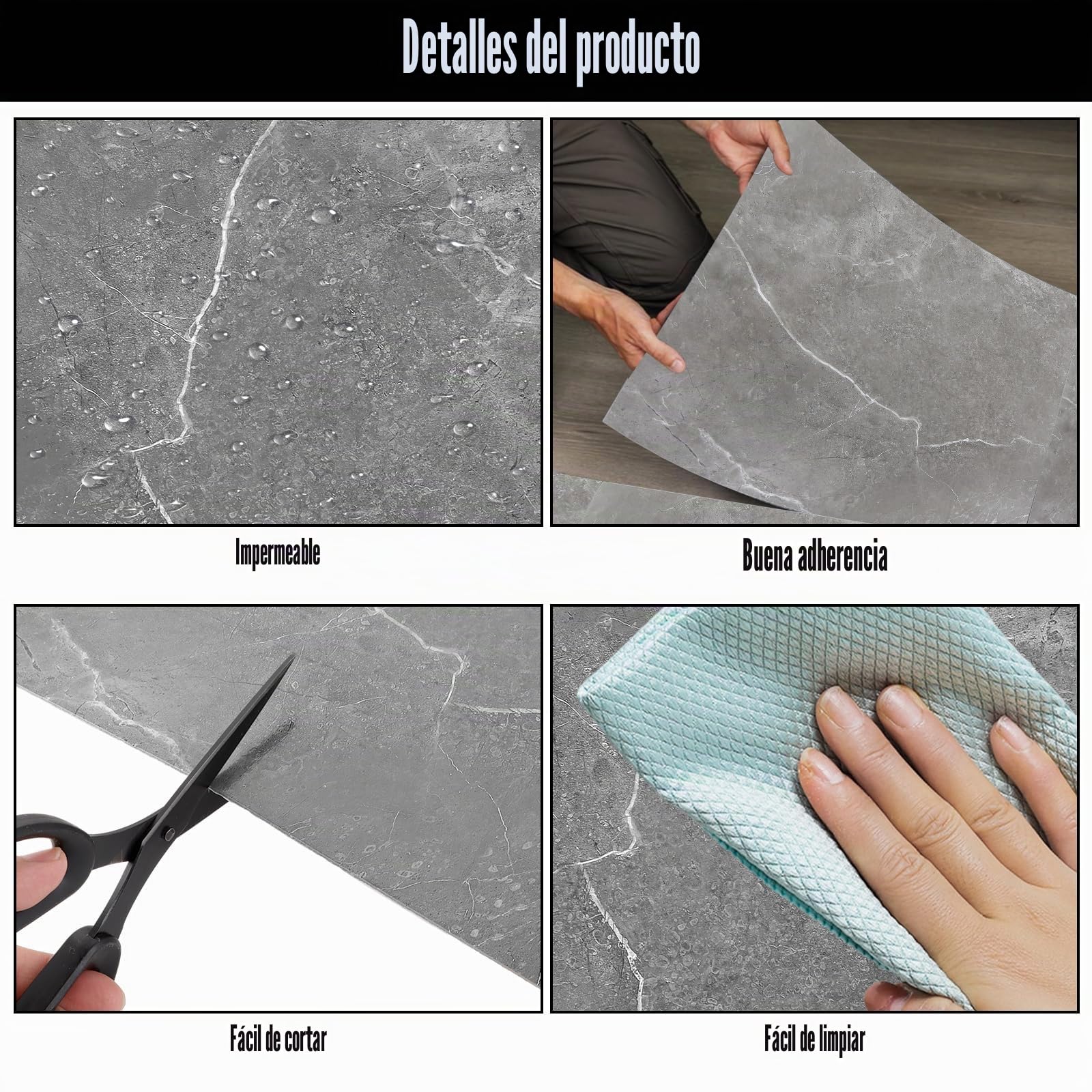 40 unidades de suelo de PVC autoadhesivo, 30 x 30 cm, suelo de vinilo autoadhesivo, antideslizante, vinilo con aspecto de madera, adhesivo para suelo, gris mármol, suelo de vinilo autoadhesivo