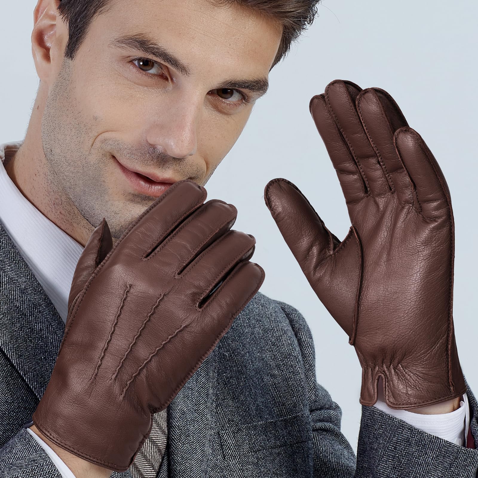 GSG SINCE 1998 Guantes Piel Hombre de Cuero Marrón Castaña L | Piel de Oveja Sin Cromo, Compatibles con Pantalla Táctil, Forro lana de cordero, Guantes de Invierno para Conducir