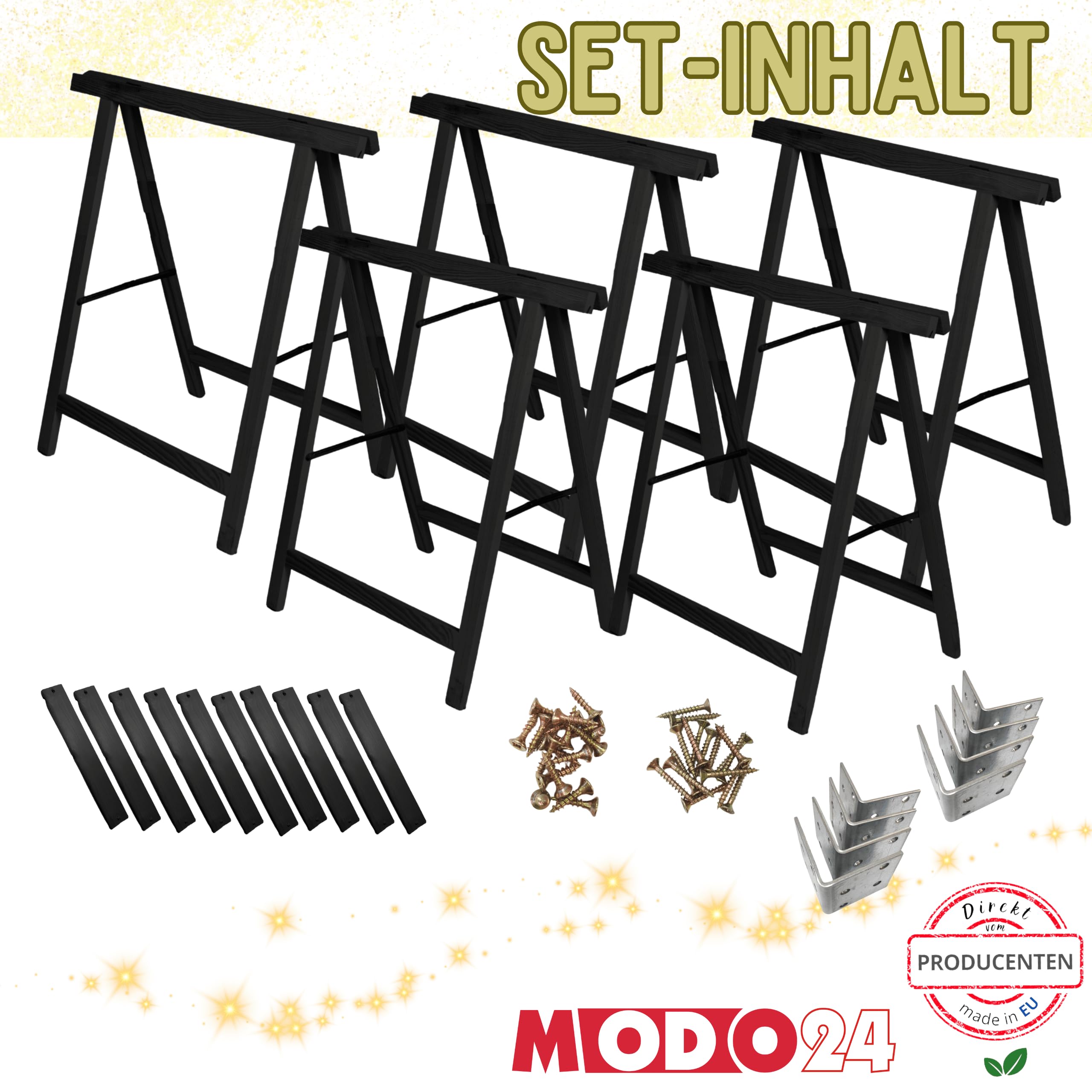 Sägebock Holzbock, Klappbock Arbeitsbock, 5er-Set inklusive Montageteile, DIY Stern, Weihnachtsstern SET, Tapezierbock Montagebock Unterstellbock, Sternabmessungen 180x180x73 cm, Schwarz