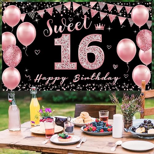 Miniatura 5 de Vicycaty - Decoración de cumpleaños de 16 años, decoración de feliz cumpleaños de 16 años para niñas, decoración de fiesta de oro rosa, dulce de 16