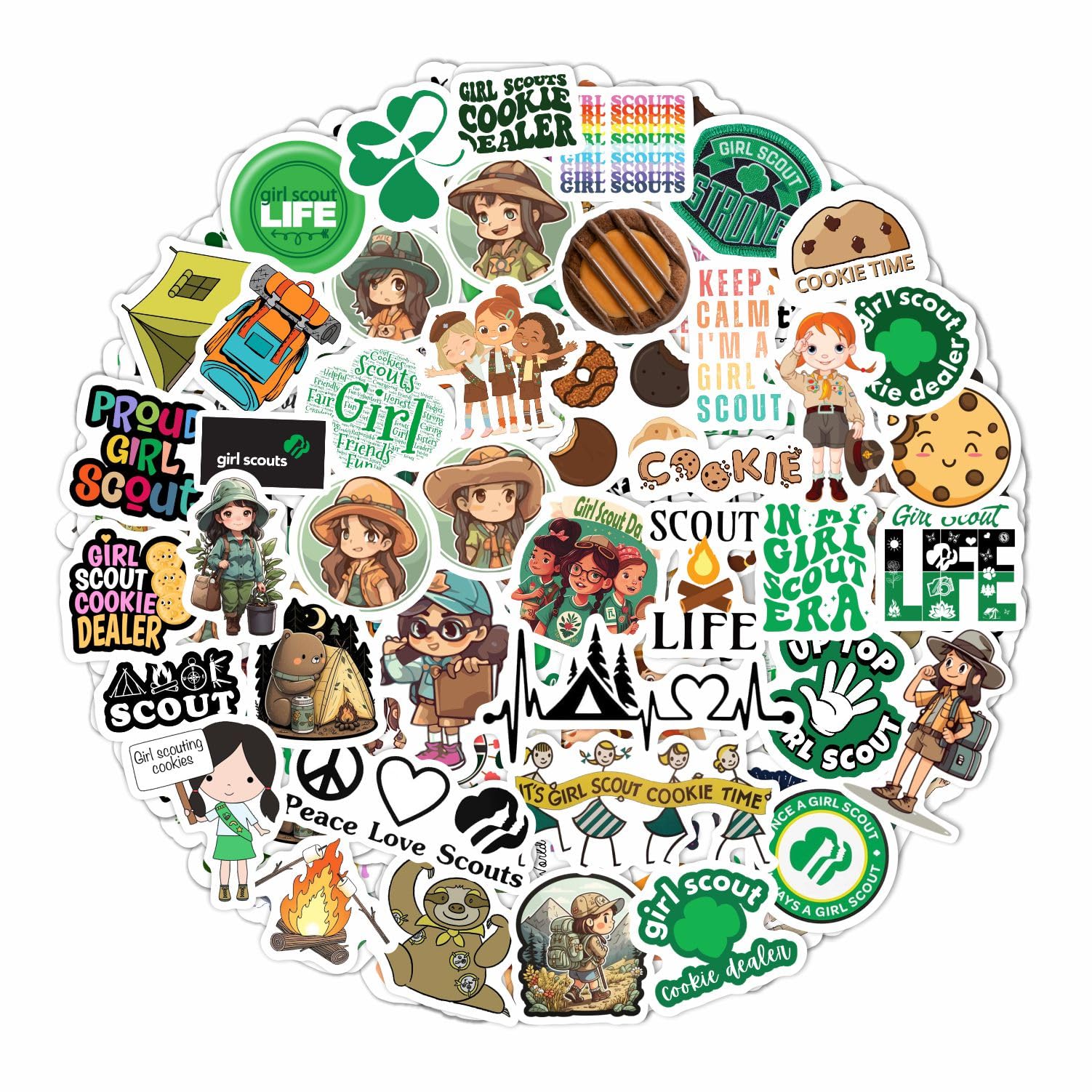 BulbaCraft 100Pcs Girl Scout Stickers for Water Bottle and Laptop - Girl Scout Party Favors & Decorations, Waterproof Vinyl Decals, Scouts and Outdoor Stickers