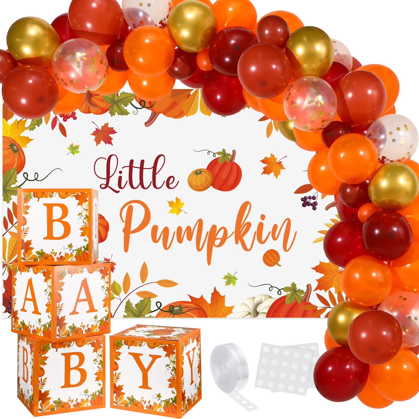 Little Pumpkin Baby Shower Decorations, Include Fall Theme Baby Shower Boxes with Fall Balloon Arch Garland Kit and Little Pumpkin Baby Shower Backdrop for Thanksgiving Baby Shower Fall Decorations