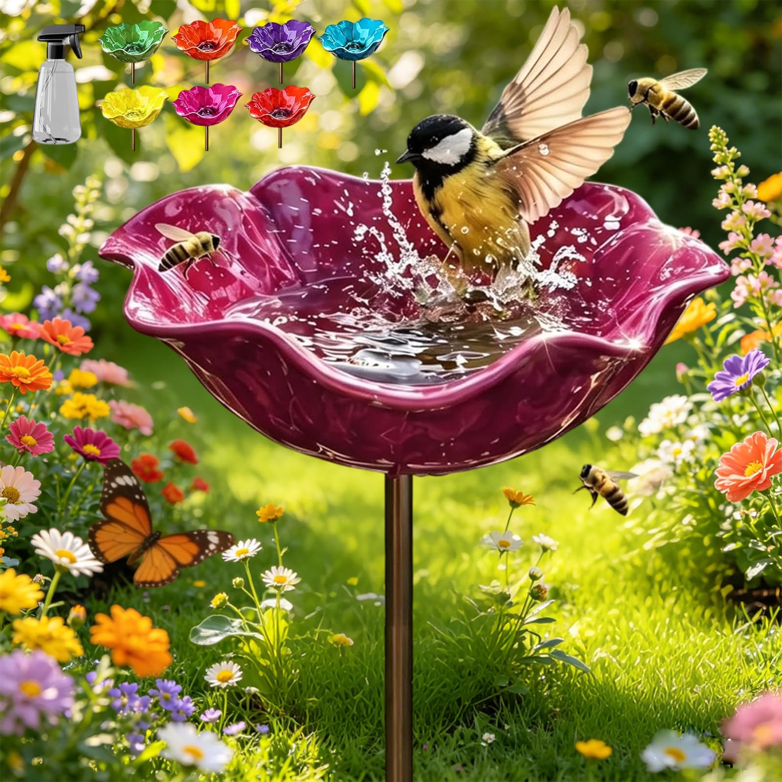 Handmade Metal Flower Garden Stake, Weather-Resistant Metal Flower Stakes with Bird Feeder & Bee Watering Station, Bird Bath Feeder for Outdoor Yard Lawn Patio Decoration (Pink)