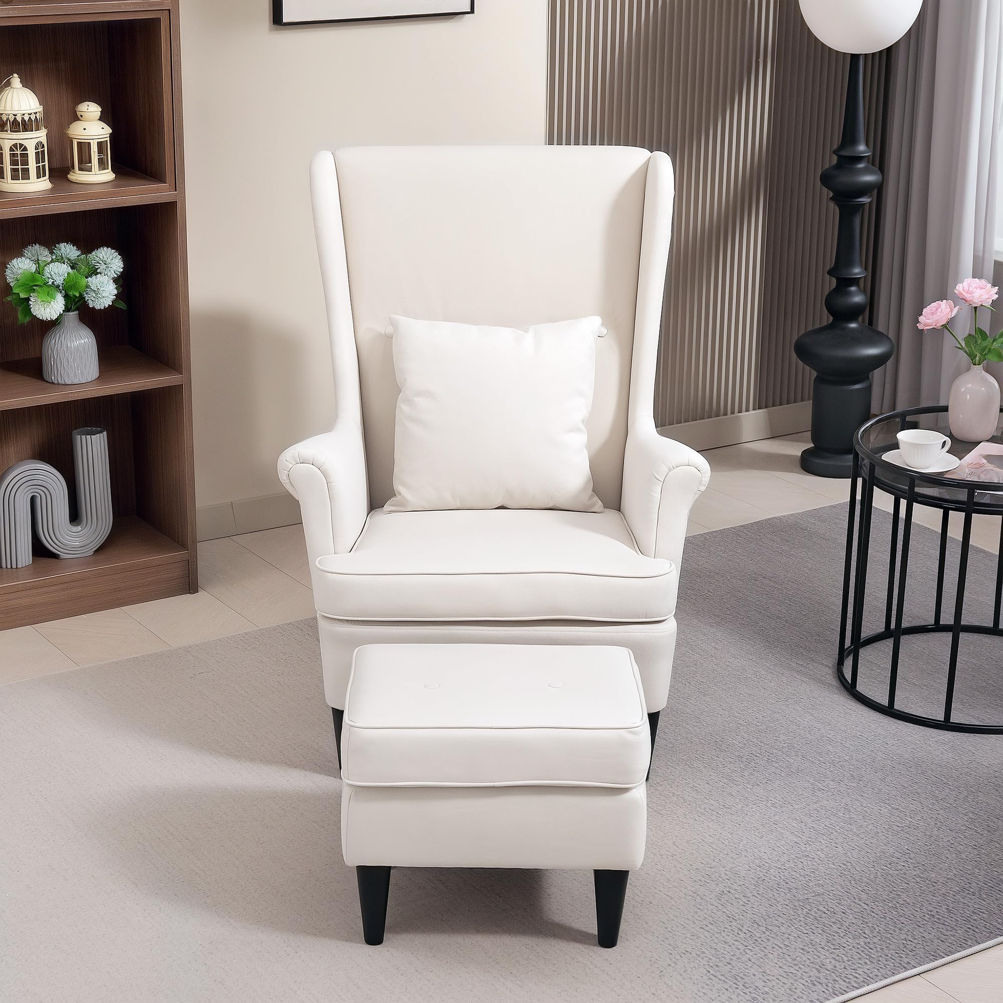 HOMCOM Sillón con Reposapiés Sillón Lectura con Respaldo Alto Beige | Capitoné, Patas de Madera, Almohada Acolchada, Tapizado en Lino, Butaca para Salón Dormitorio Oficina