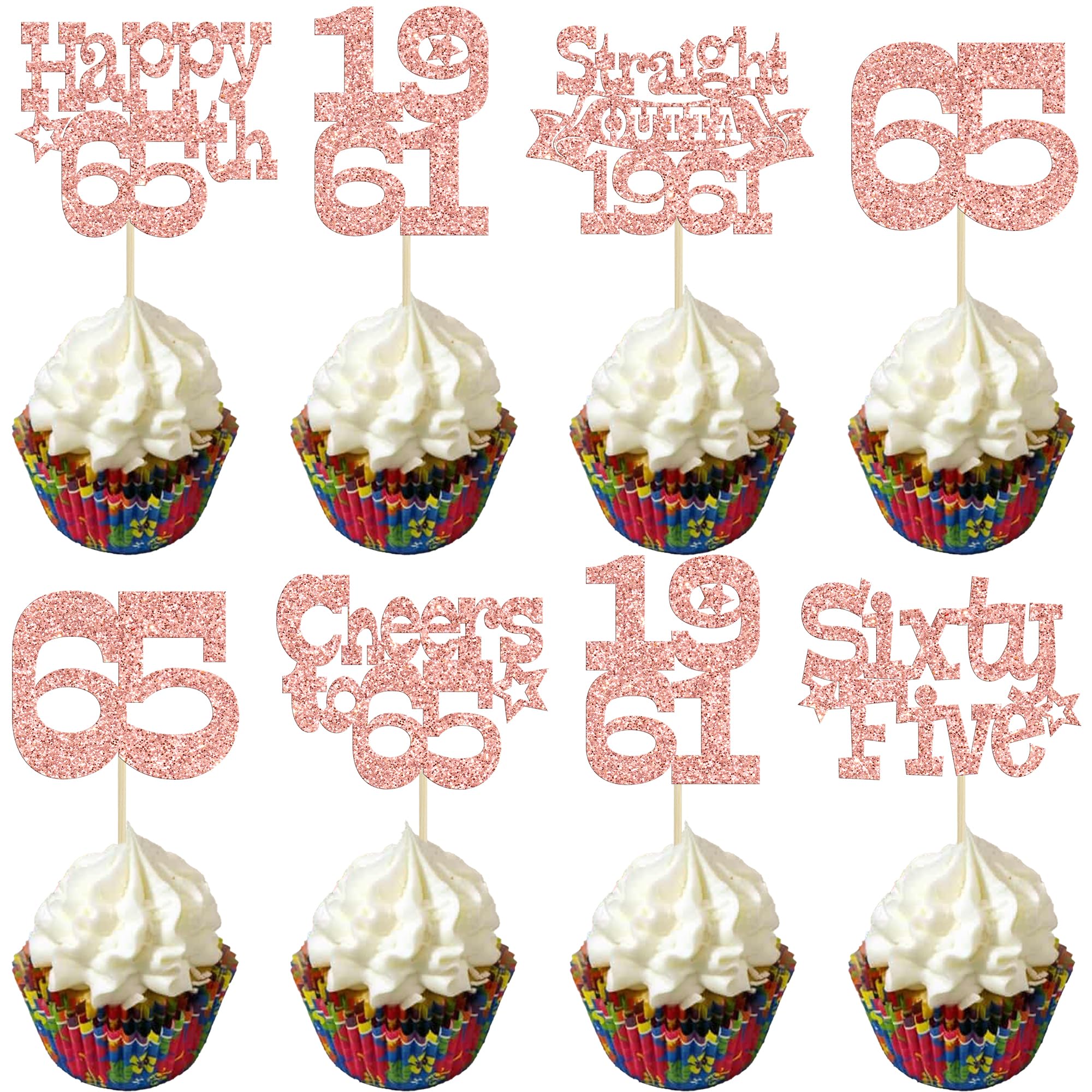 Ephlyn 30Pcs Happy 65th Birthday Cupcake Toppers Glitter Sixty Five Straight Outta 1961 Cupcake Picks Cheers to 65 Years Cake Decorations for Happy 65th Birthday Anniversary Party Supplies Rose Gold