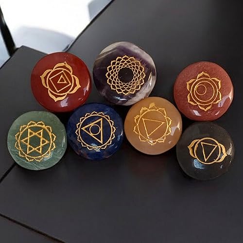 Miniatura 4 de Juego de 7 símbolos de chakras grabados, piedras curativas para reiki, cristal curativo sagrado, meditación para prosperidad, dinero, buena suerte,